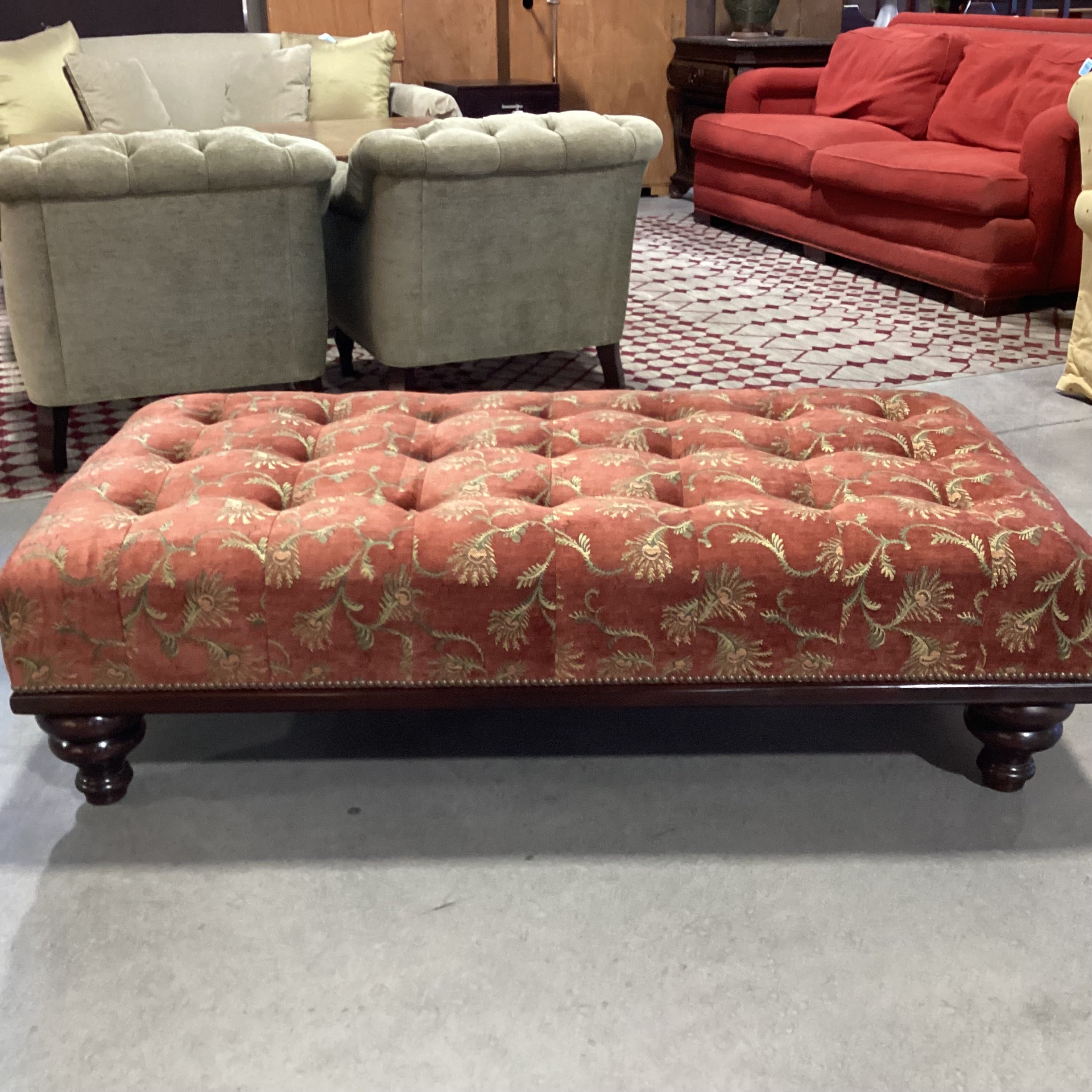 JJ Custom Rust with Gold Floral Woven Tufted Nailhead & Carved Wood Bench Ottoman 61"x 31"x 17.5"