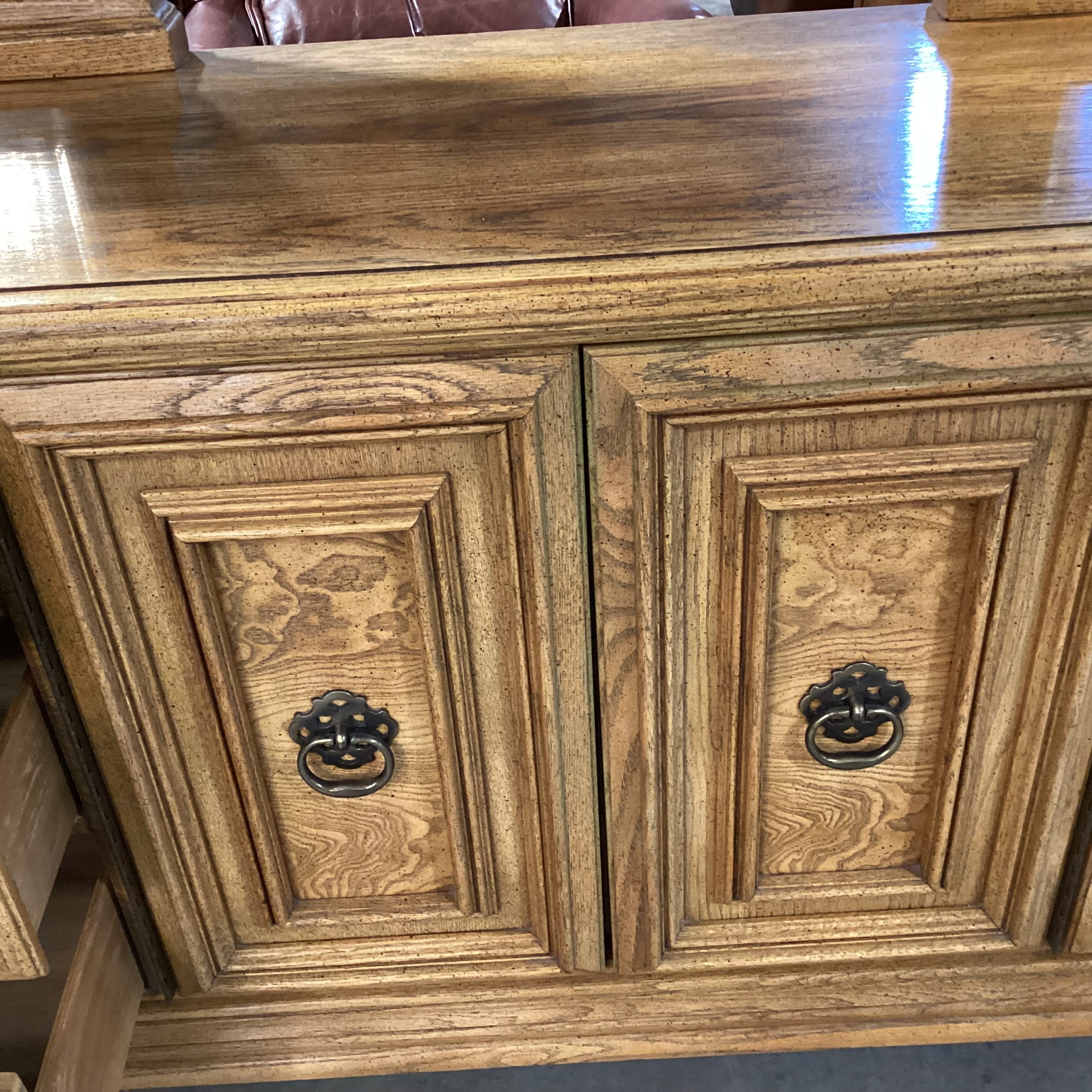 Vintage Speckled Finish Oak with Brass Accent & Double Mirrors 9 Drawer 2 Door Dresser 82.5"x 19.5"x 82.5"