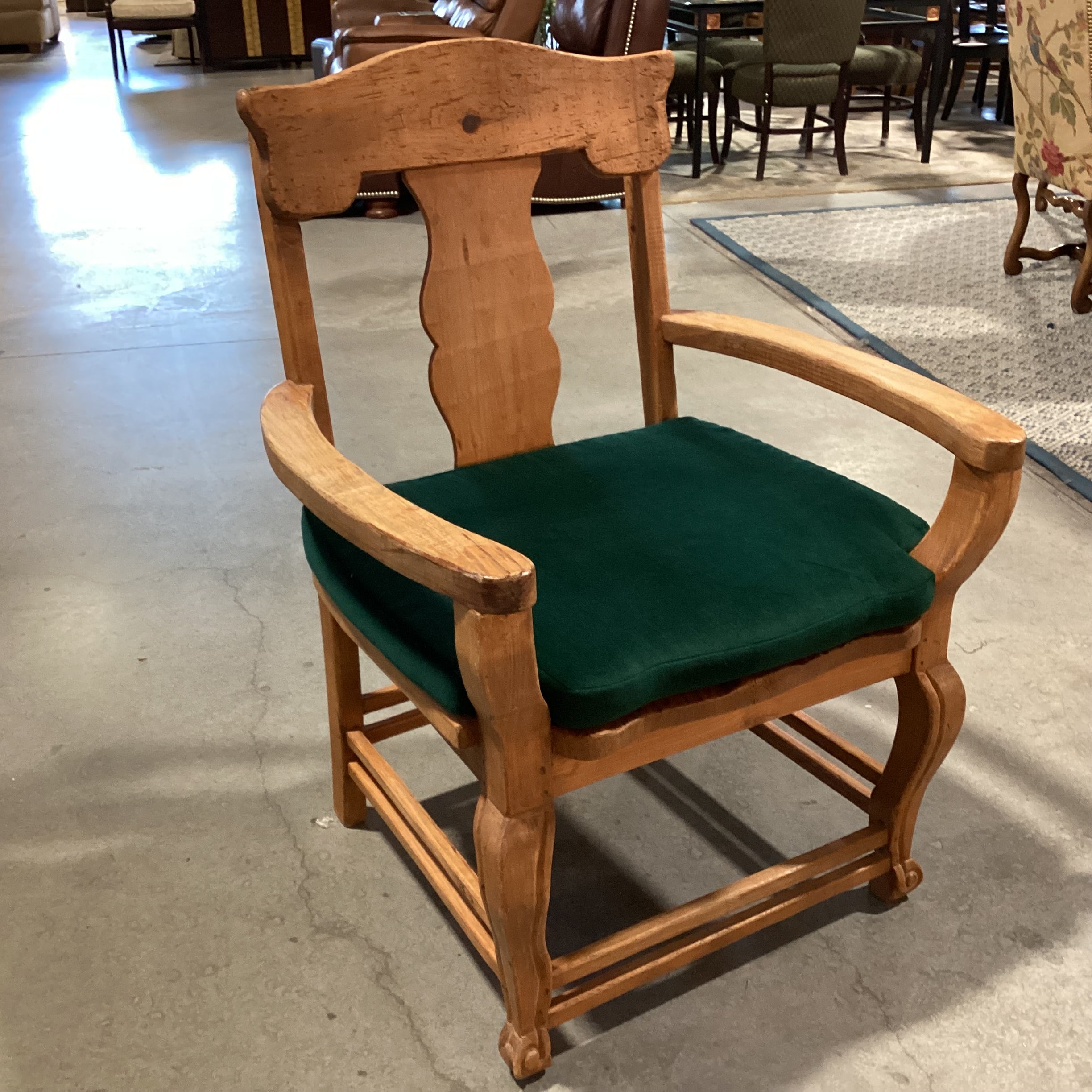 Vintage Natural Carved Wood with Green Cushion Chair 30"x 27"x 41"