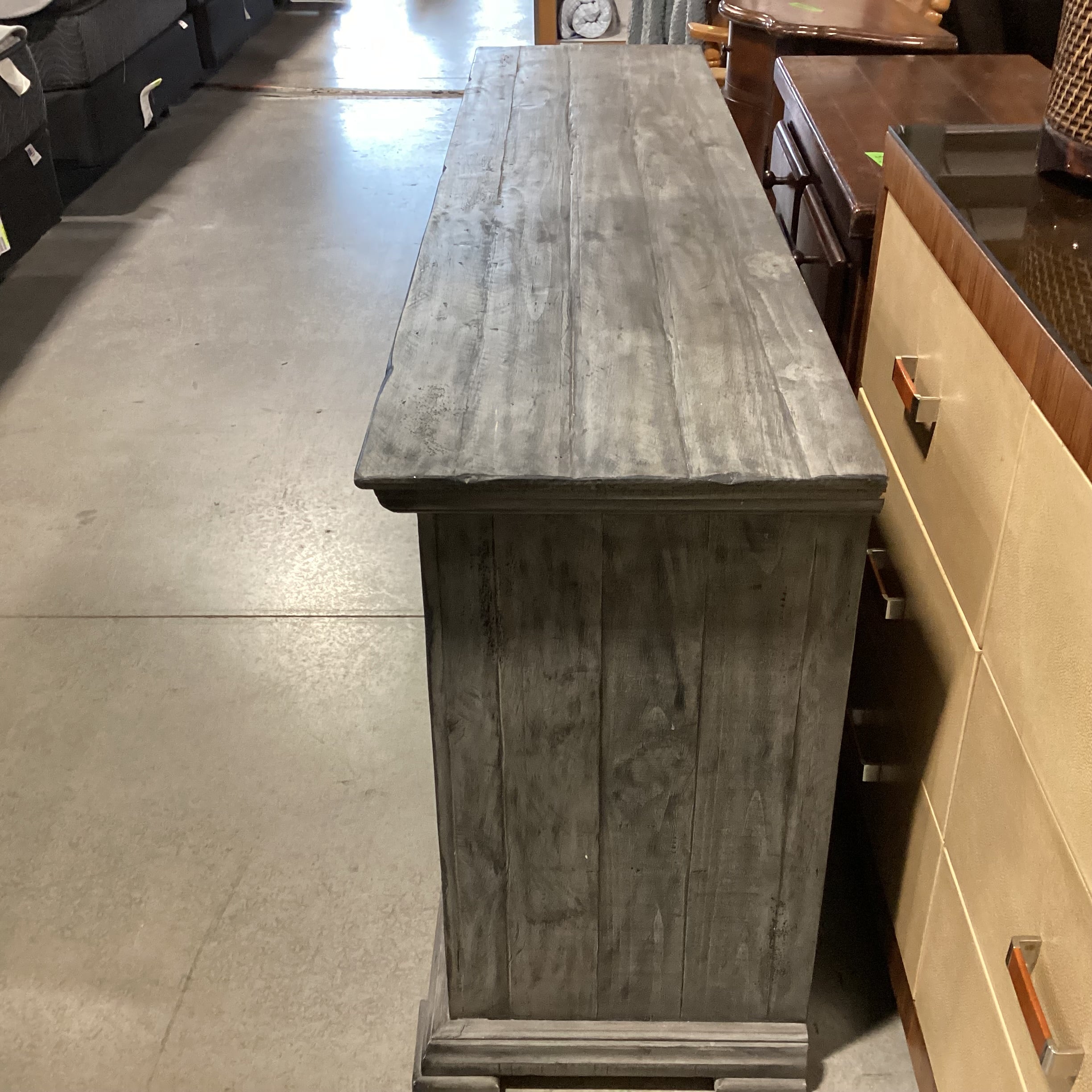 Rustic Distressed Grey Washed Wood  3 Drawer 2 Door & Shelves Console Credenza 71.5"x 17.5"x 32"