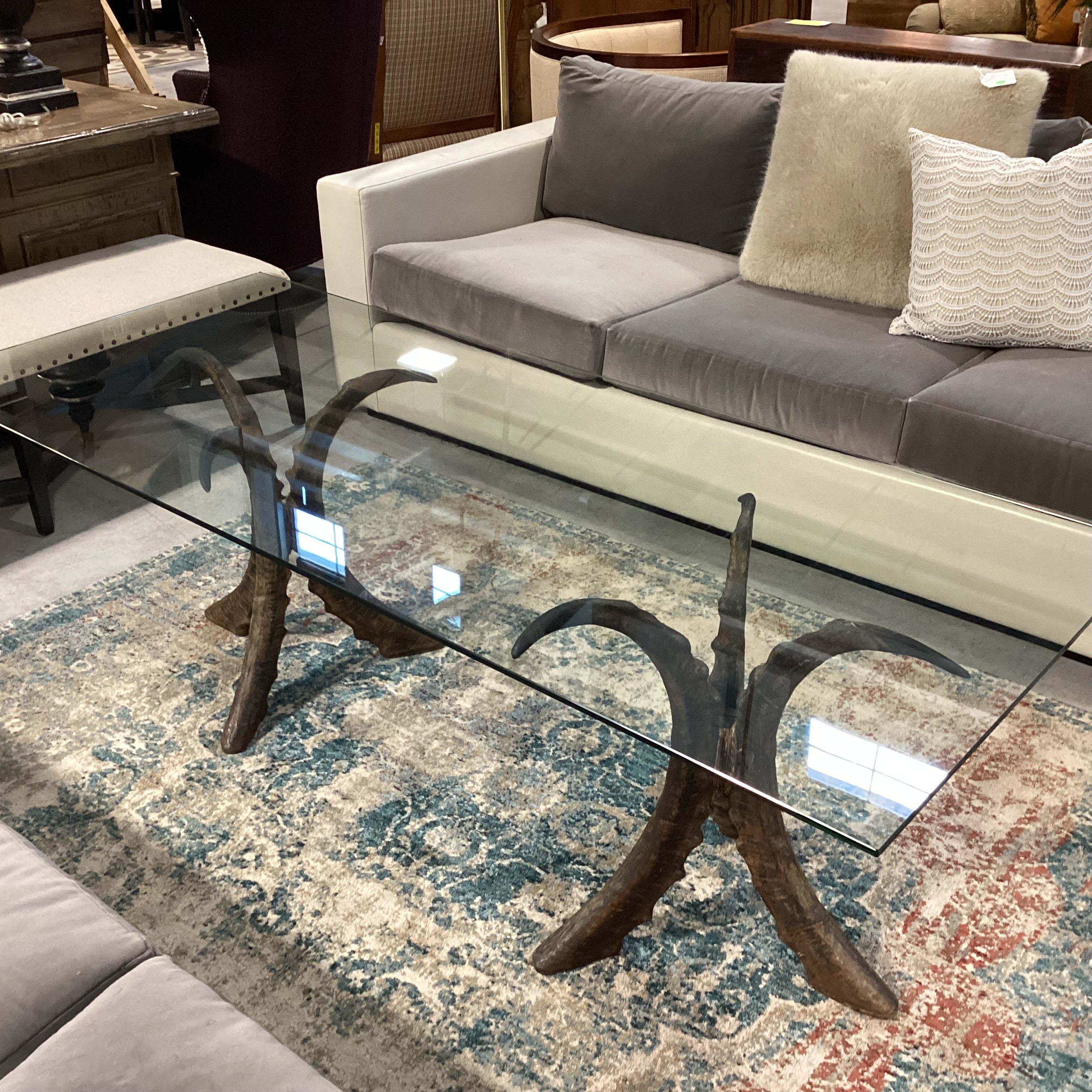 Carved Wood Tri Horn Pedestals with Glass Top Coffee Table 72"x 30"x 23"