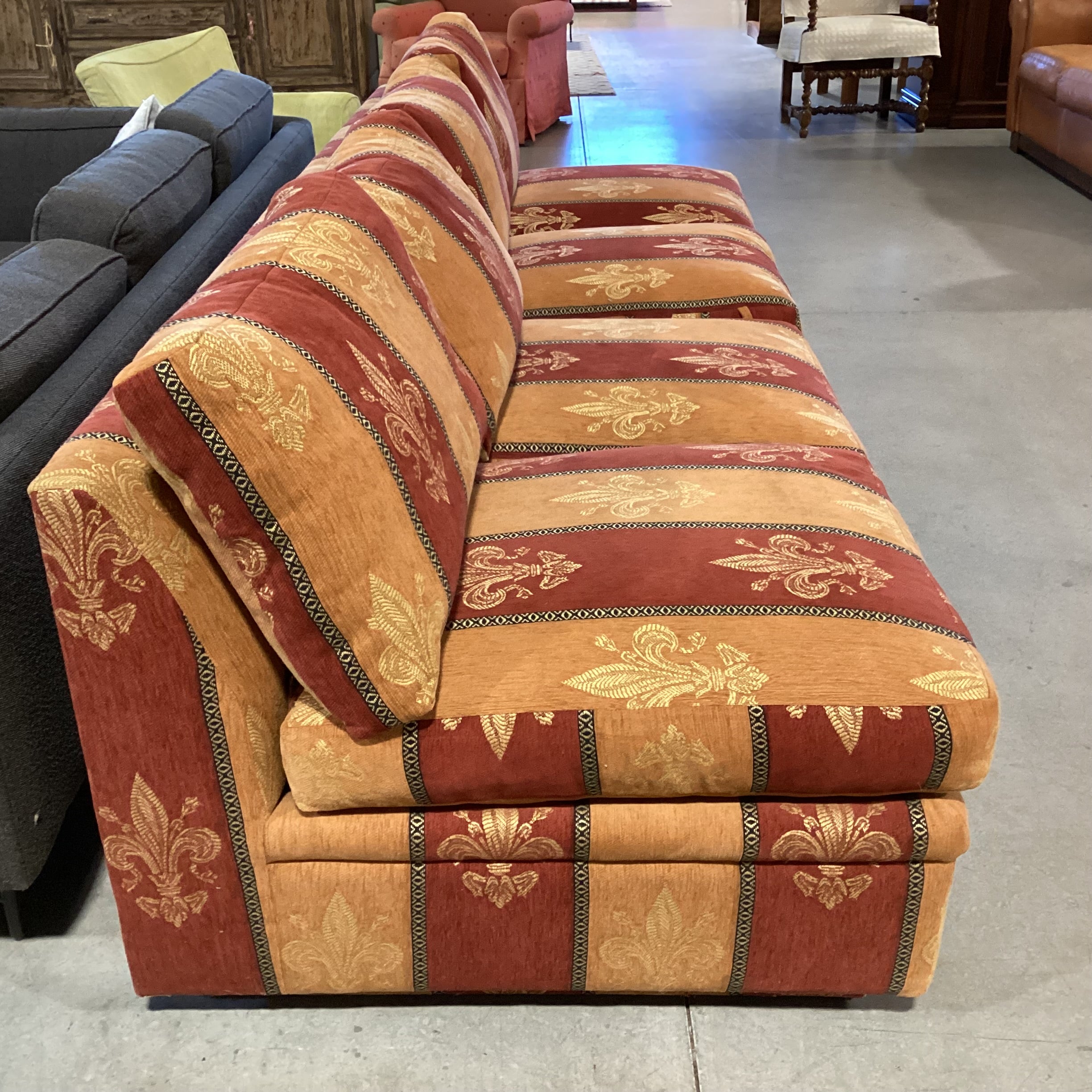 R Jones Custom Rust Gold Fleur De Lis Down Mix 2 Piece Sofa 103"x 37"x 30"