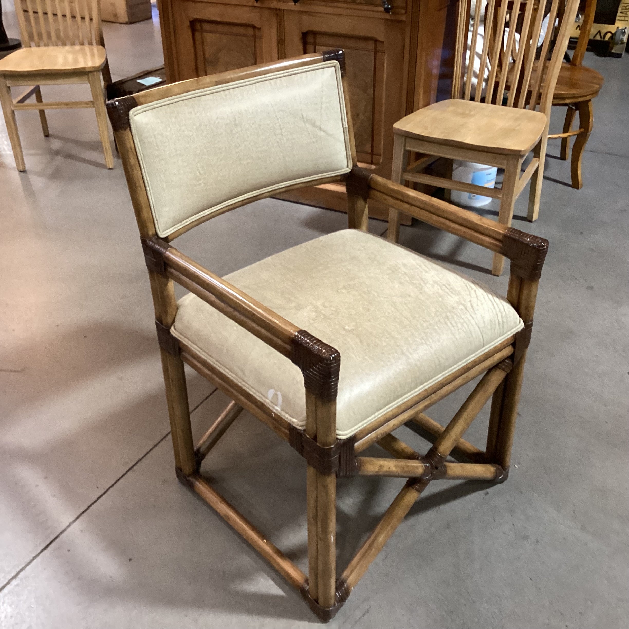 Vintage Bamboo Leather Strap Wrapped & Texture Tan Leather Accent Chair 24"x 24"x 35"