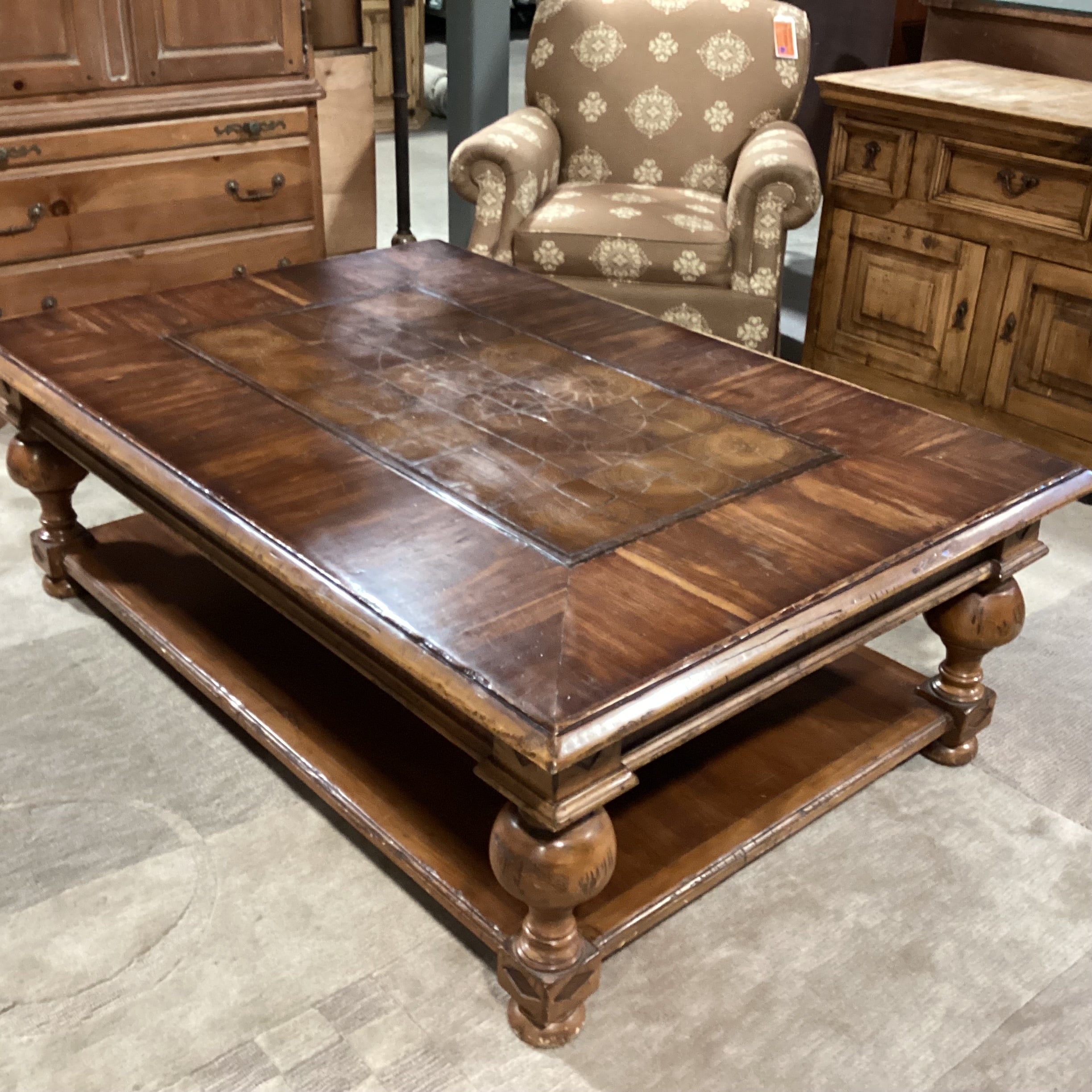 Solid Carved Distressed Wood with Center Block Style & Bottom Shelf Coffee Table 61"x 41"x 20"