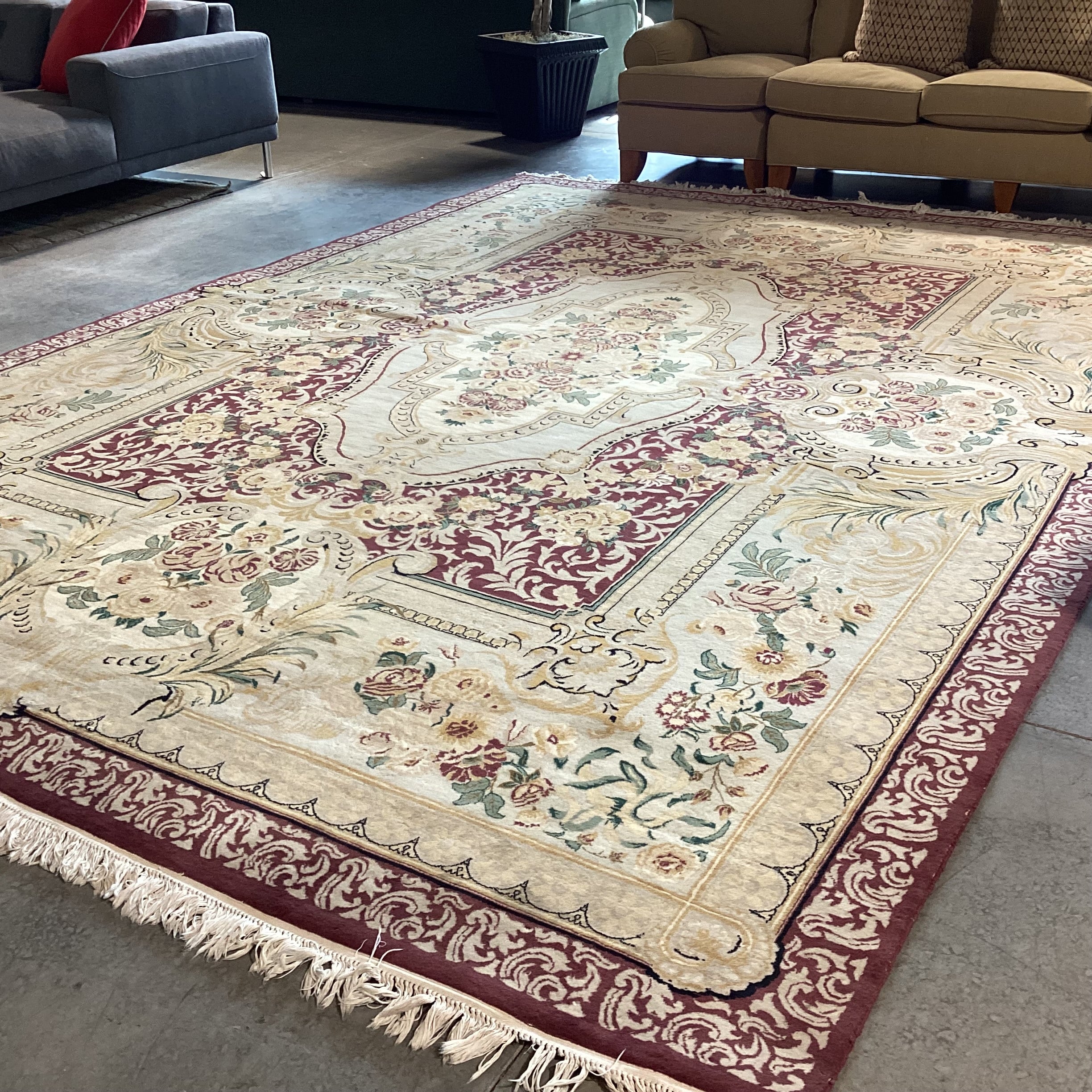 Cream Gold Burgundy & Green Floral Woven Wool Rug 10' x 14'