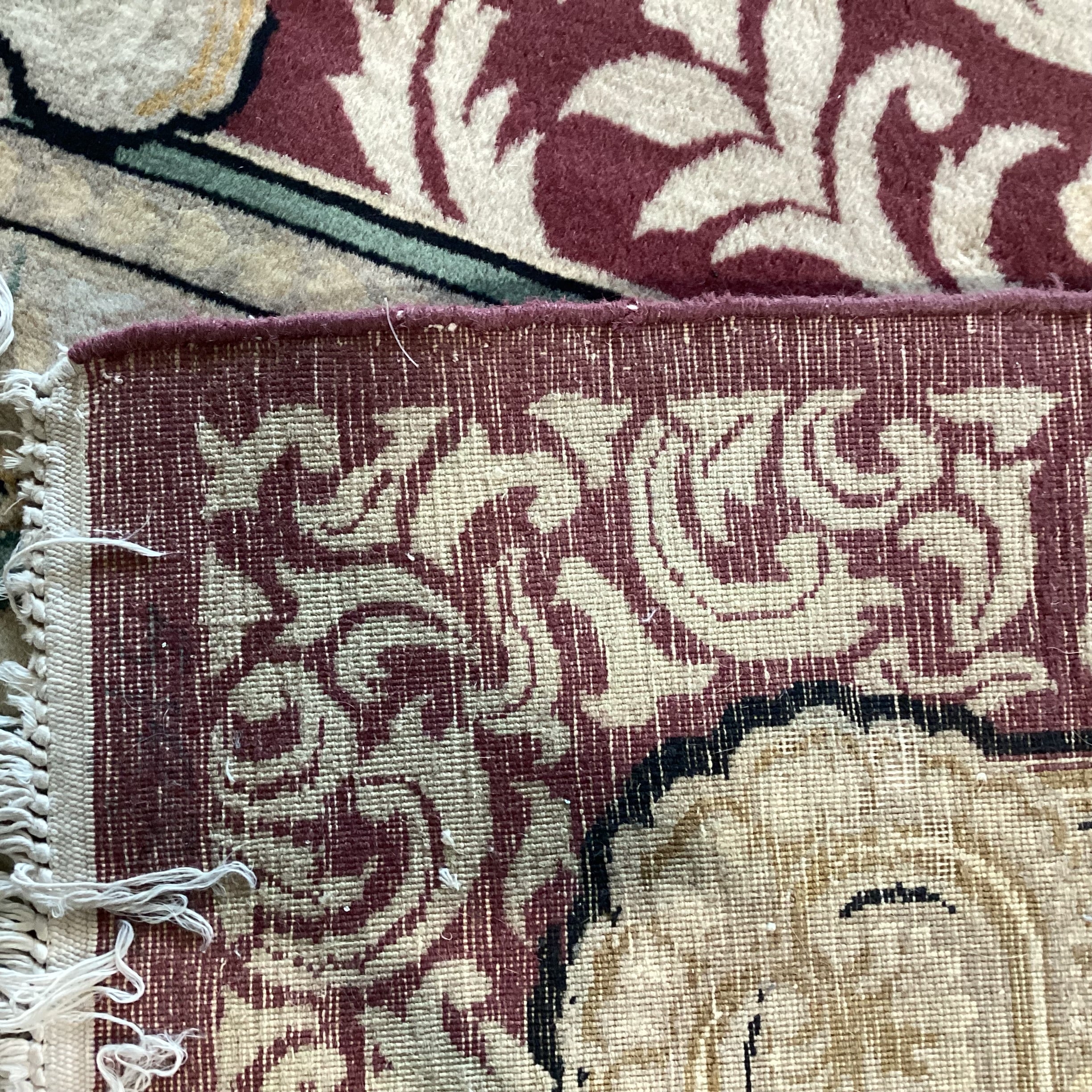 Cream Gold Burgundy & Green Floral Woven Wool Rug 10' x 14'