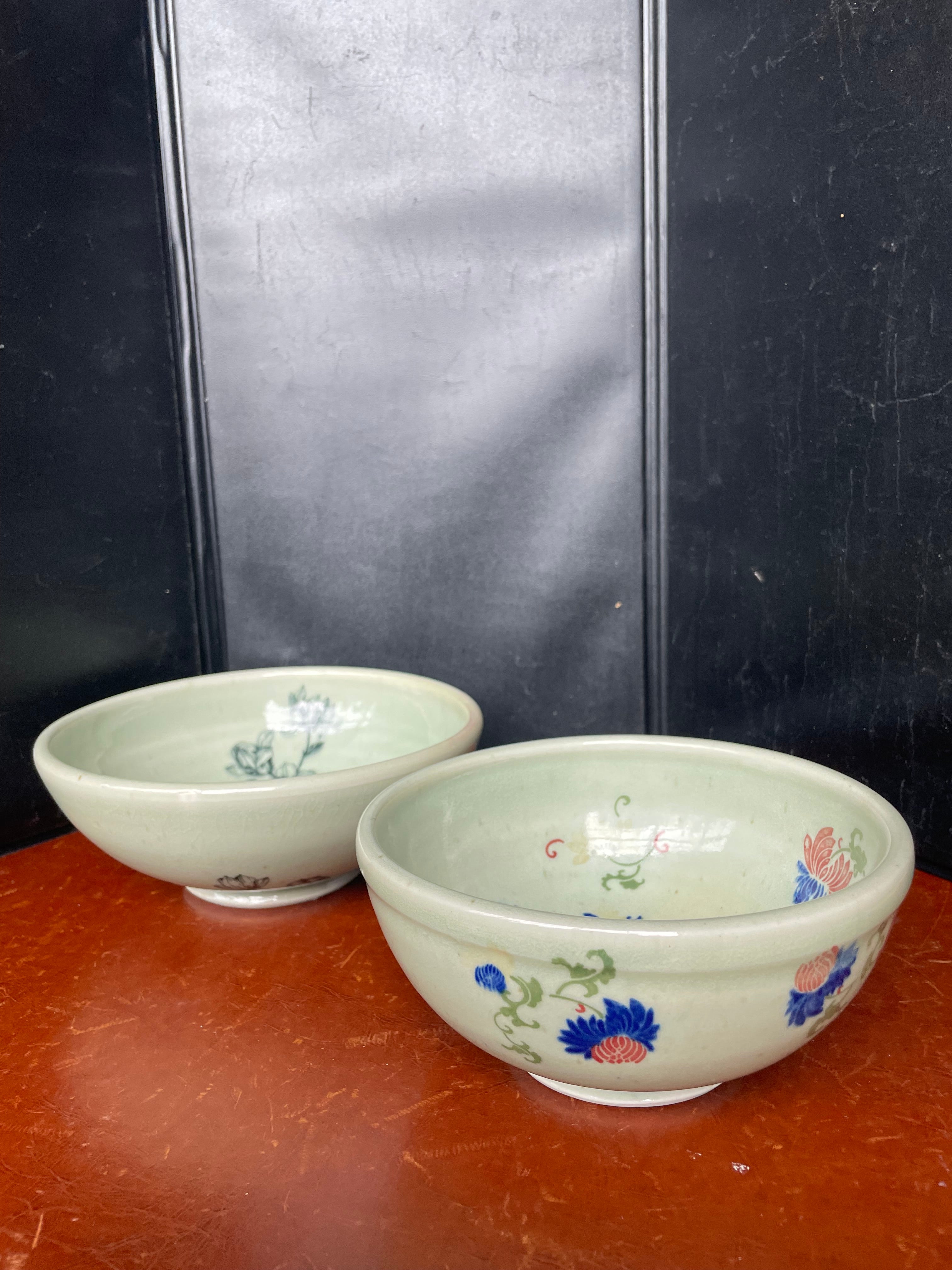 Set of 2 Vintage Korean Studio Art  Handpainted Celadon Footed Bowls Signed by Artist