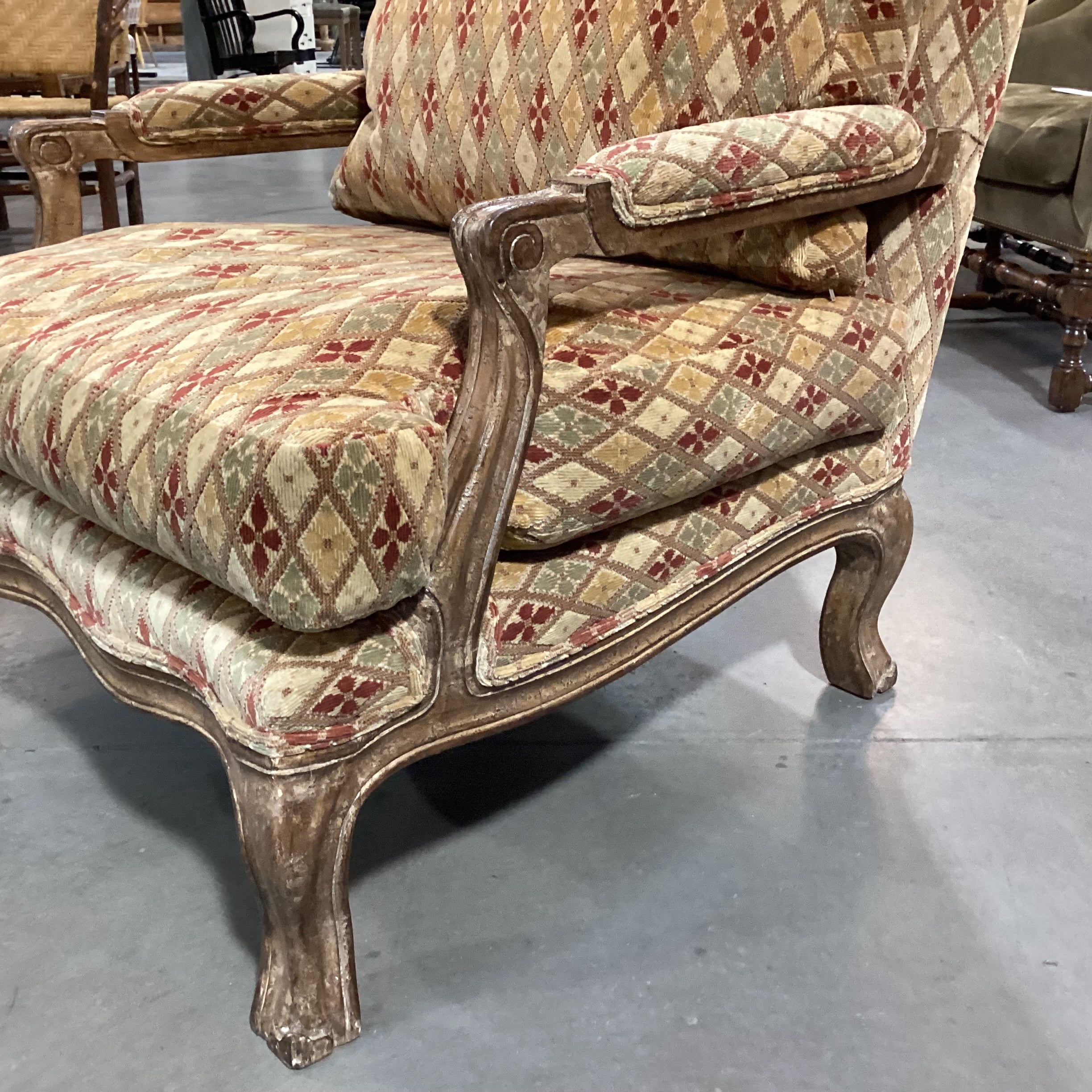 Kreiss Collection Gold Rust Sage Raised Chenille Diamond Pattern & Antiqued Finish Carved Wood Chair 34"x 36"x 40"