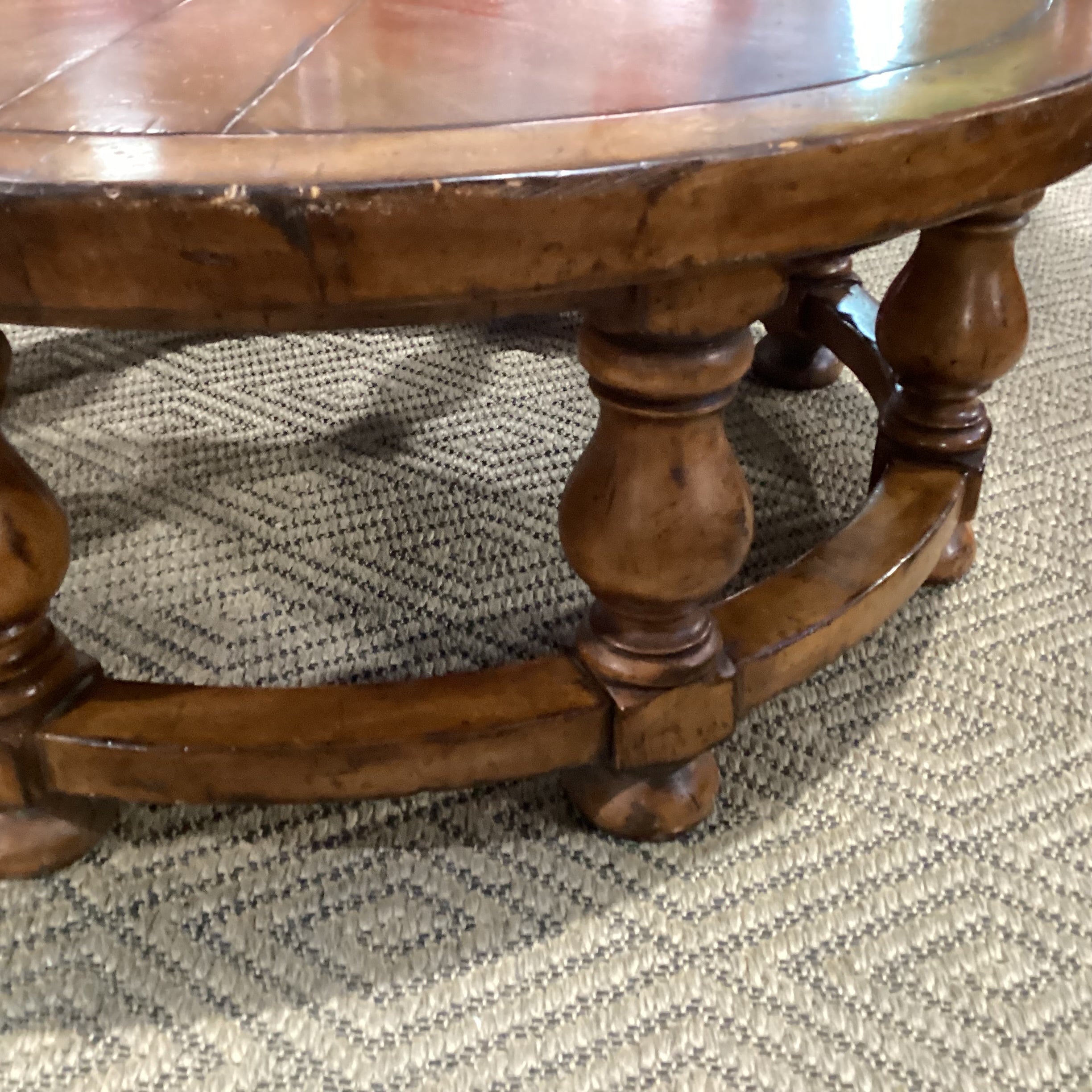 Round Carved Distressed Finish Wood Coffee Table 54" Diameter x 20"
