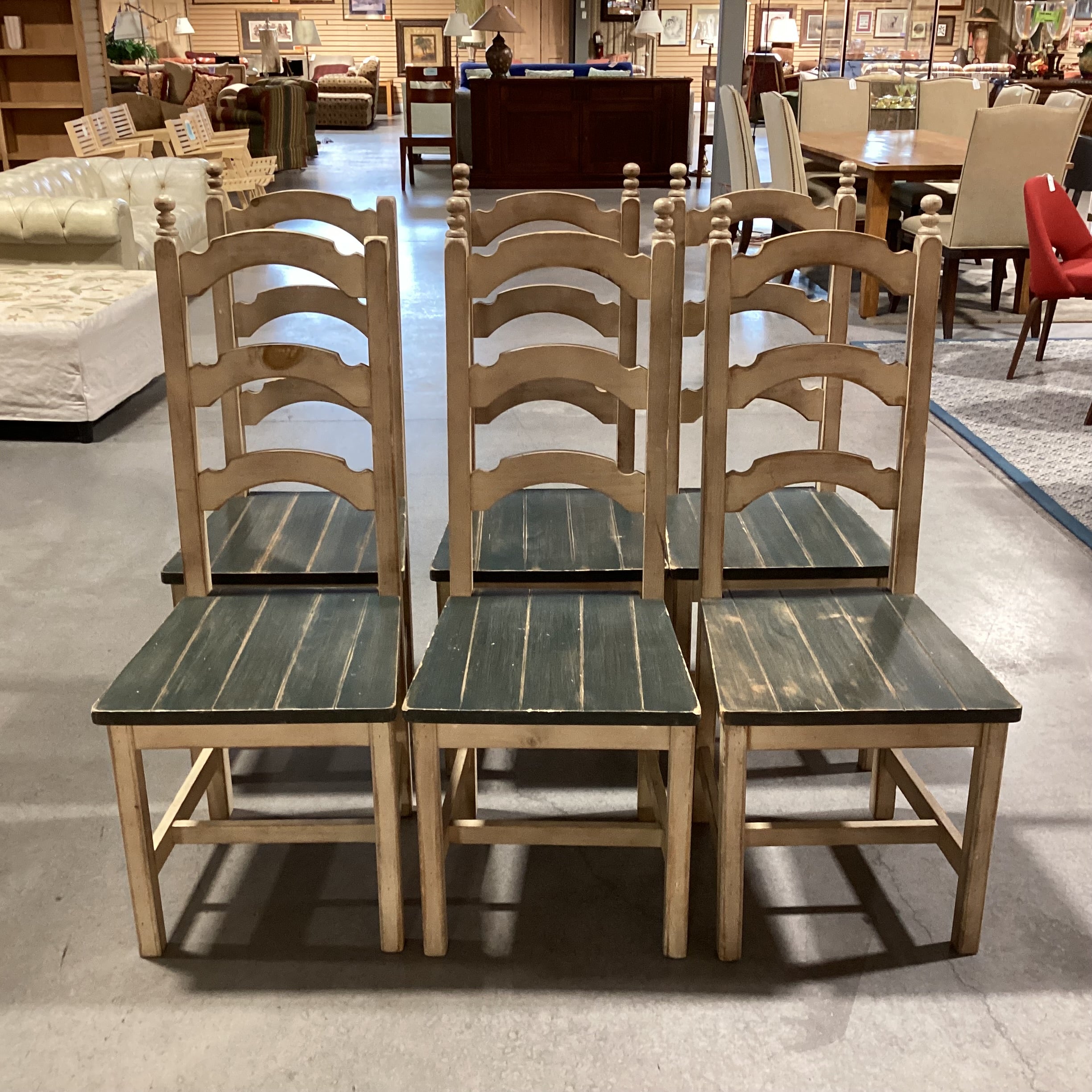 SET of 6 Buffalo Lodge & Dakota Washed Distressed Cream & Green Wood Ladder Back Ranch Dining Chairs 18"x 19"x 45"
