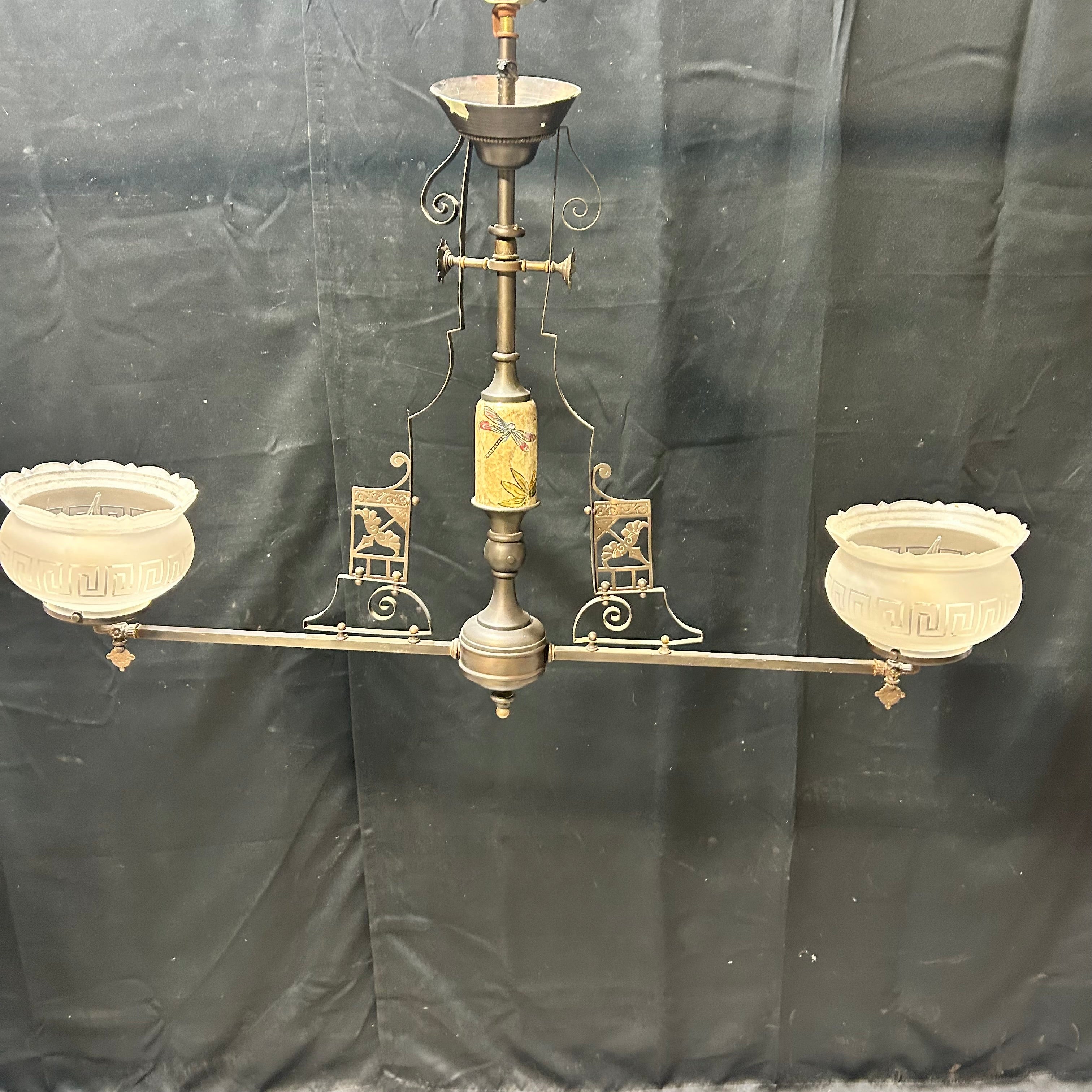 Early Circa 1900 2 Light East Lake Detailing With Ceramic Painted Dragonfly etched Glass 40"x 28"