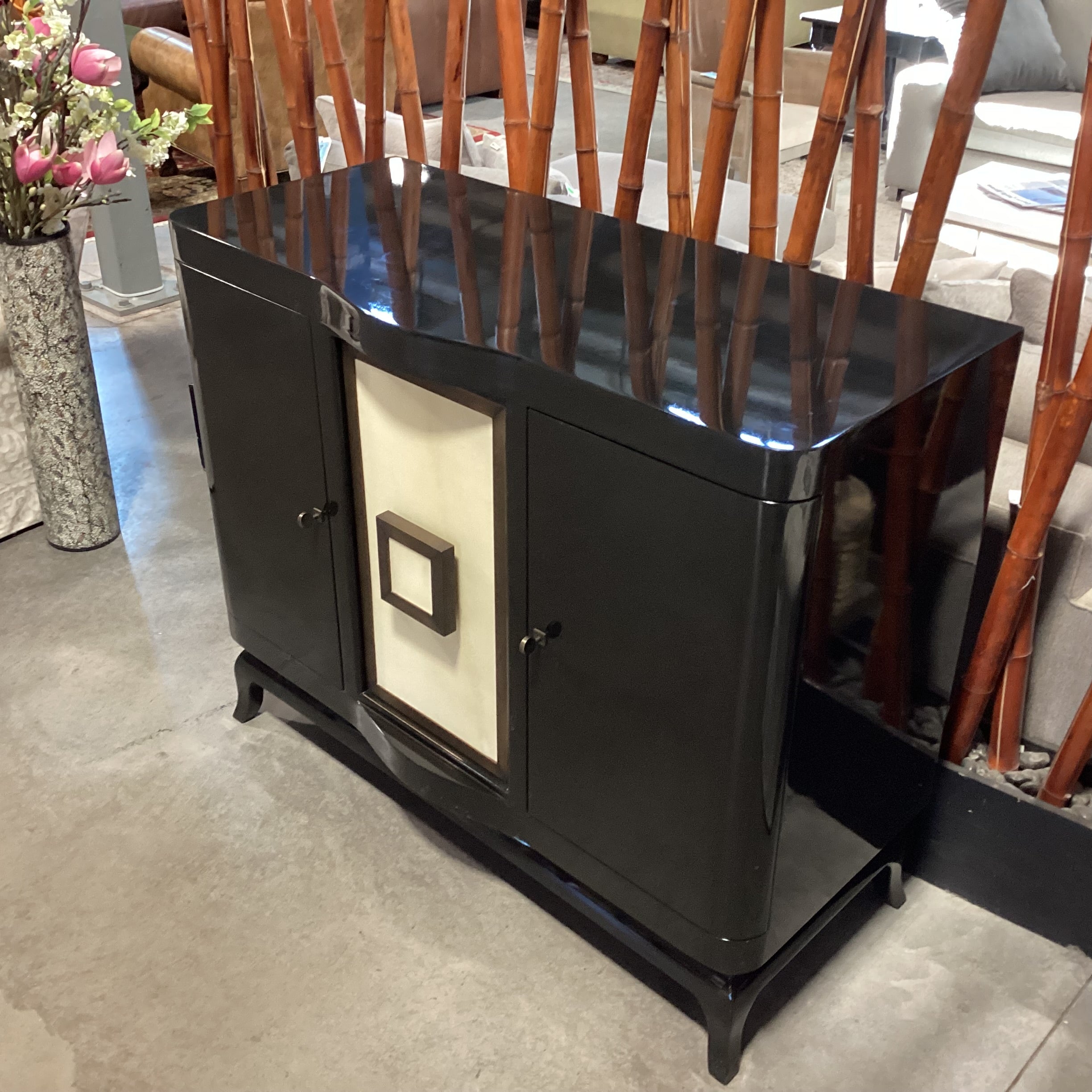 French Art Deco Style Black Lacquer 3 Door Buffet 48"x 22"x 40"