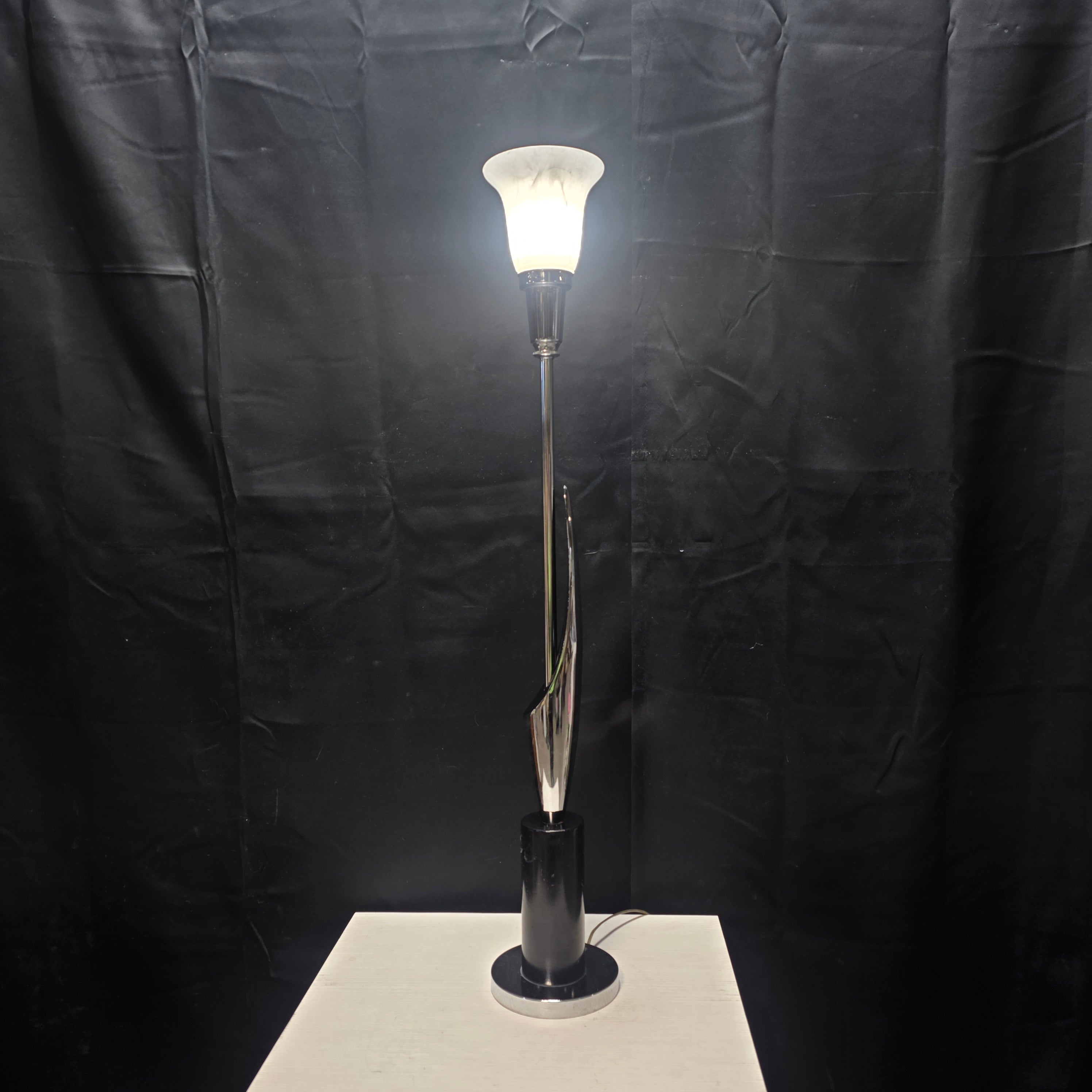 Space Age Chrome and Wood  Base Table Lamp  6" x 38"