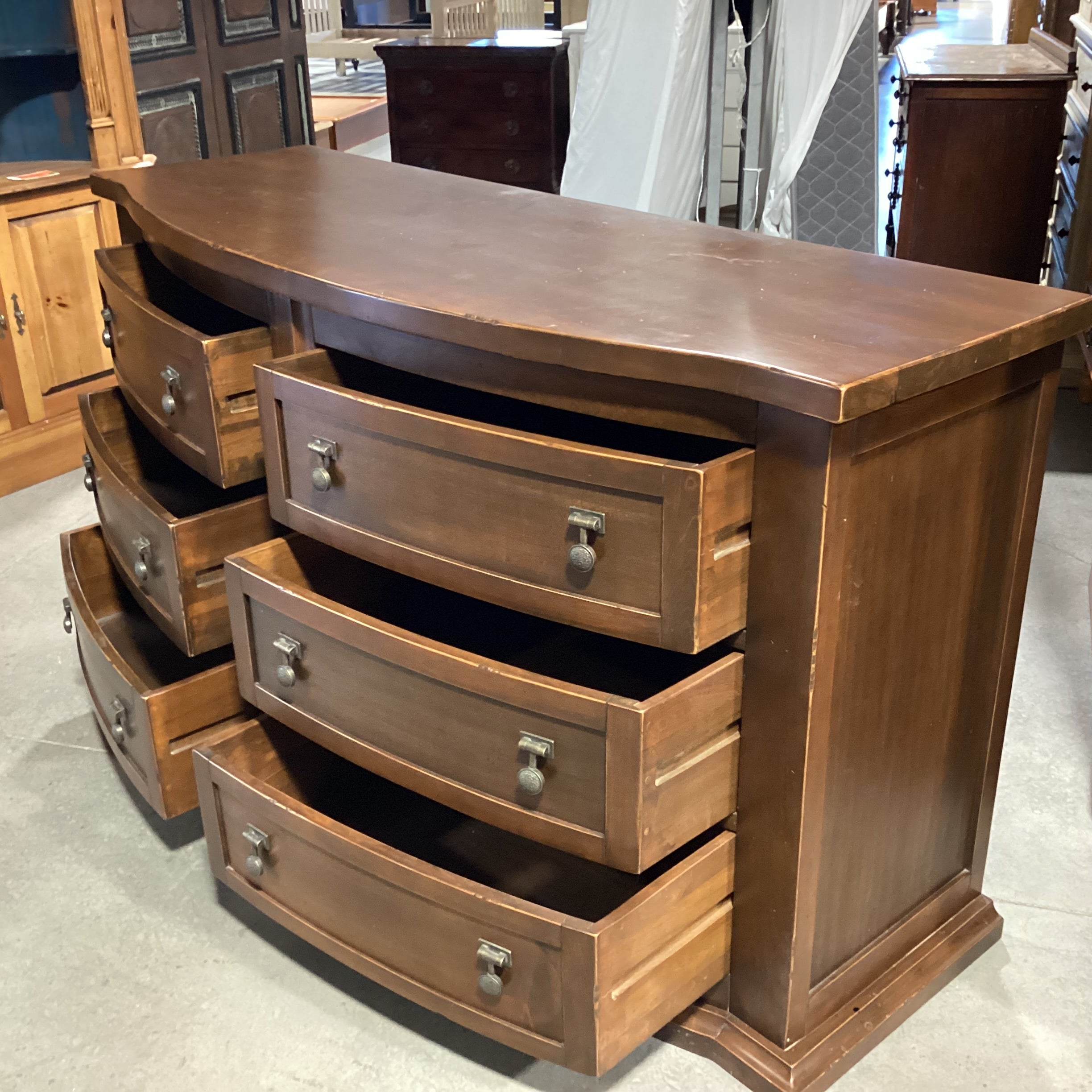 Dark Distressed Finish Solid Carved Wood 6 Drawer Curved Front Dresser 66"x 23.5"x 37"