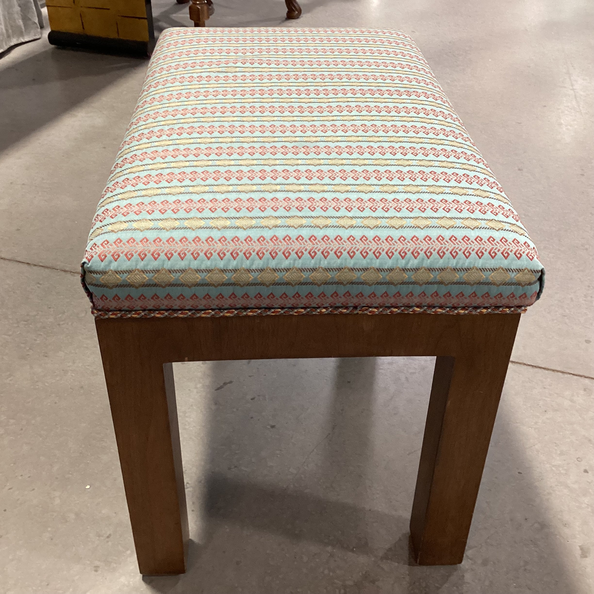 Blue Red & Gold Ribbon Style Fabric & Wood Bench 29.5"x 17.5"x 19.5"