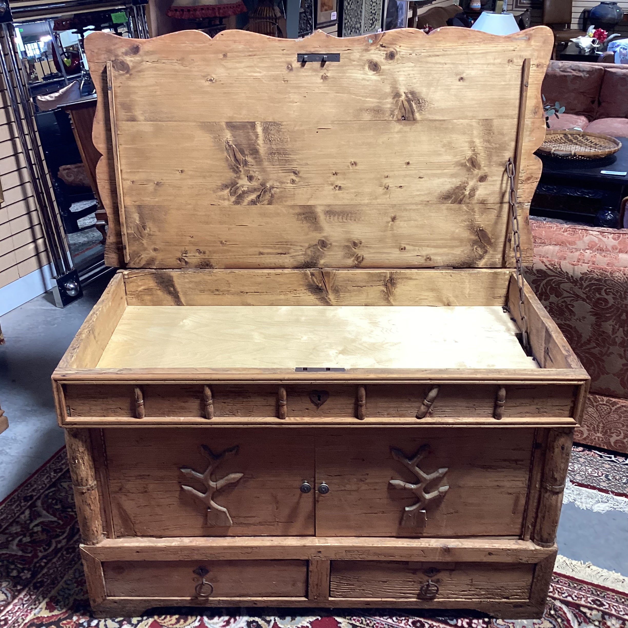 Antique Carved Pine with Repurposed Drawers Chest Trunk 52"x 28"x 33"
