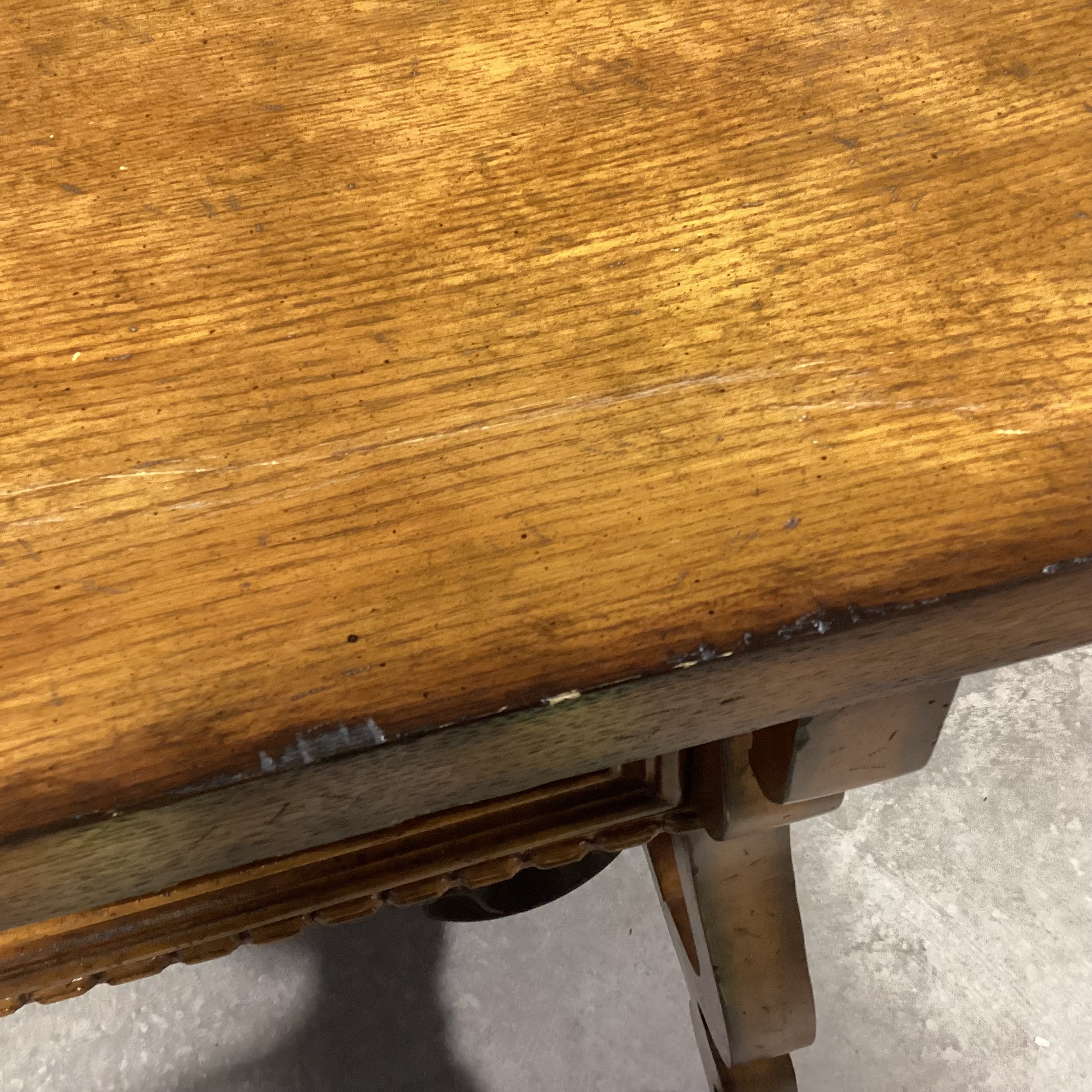 Maitland Smith Distressed Finish Carved Wood & Ornate Iron Trestle 3 Drawer Console Sofa Table 58"x 19"x 32"