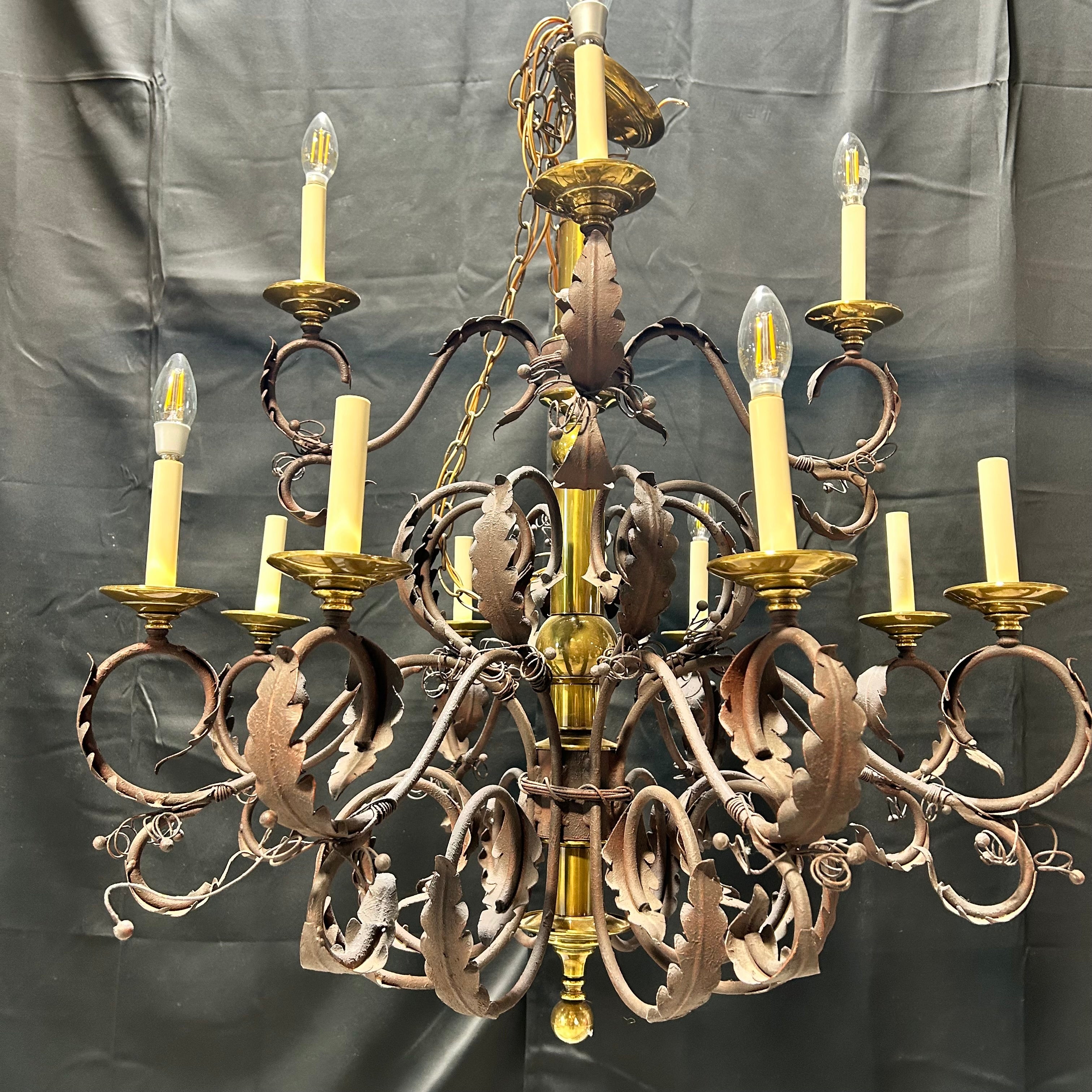 Vintage Ornate Scrolling Leaf Arm Iron And Brass  Two Tier 12 Light Chandelier  33"x 35"