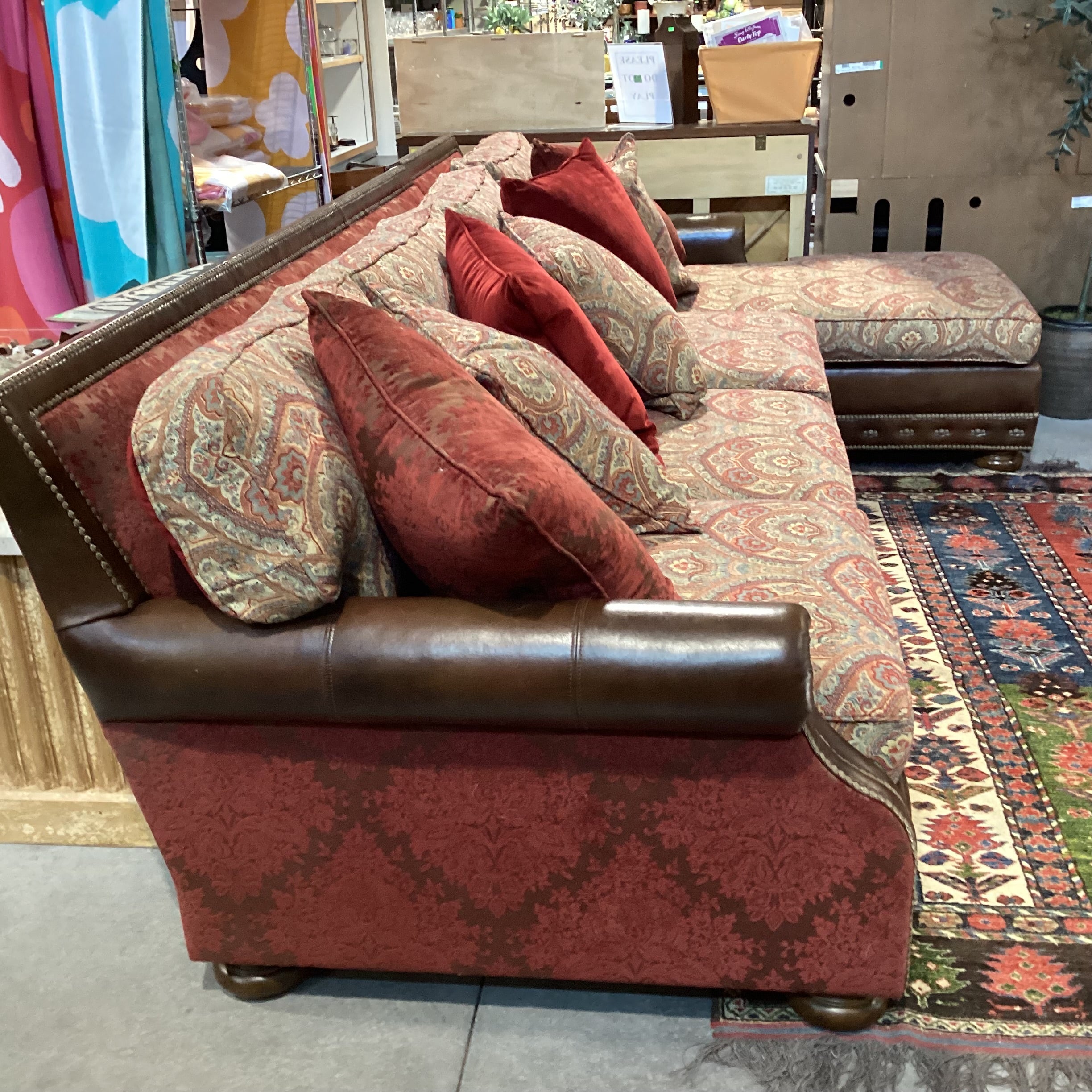 Massoud Luxery Western Leather Nailhead Ornate Floral & Reverse Velvet 2 Piece with Chaise Sectional 130"x 72"x 45"x 38"