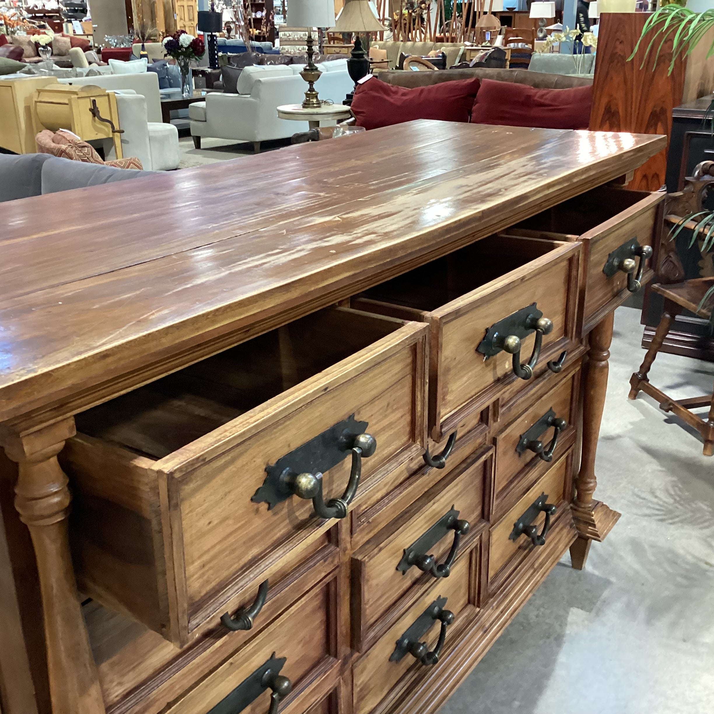 Solid Rustic Carved Wood & Iron 12 Drawer Dresser 68"x 26"x 45.5"
