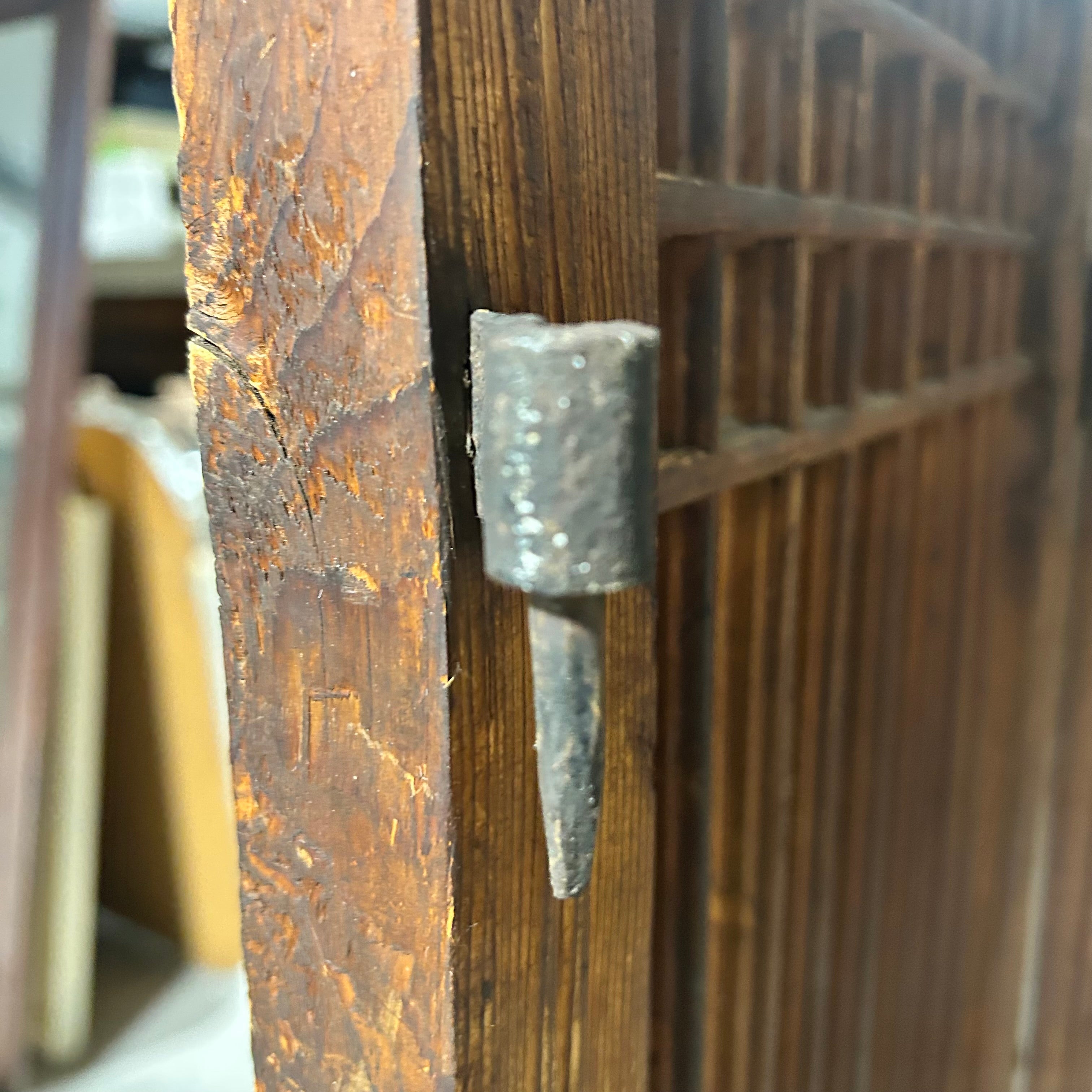 Oriental Antique Four-Panel Wooden Screen With Iron Hardware 62"x 64"