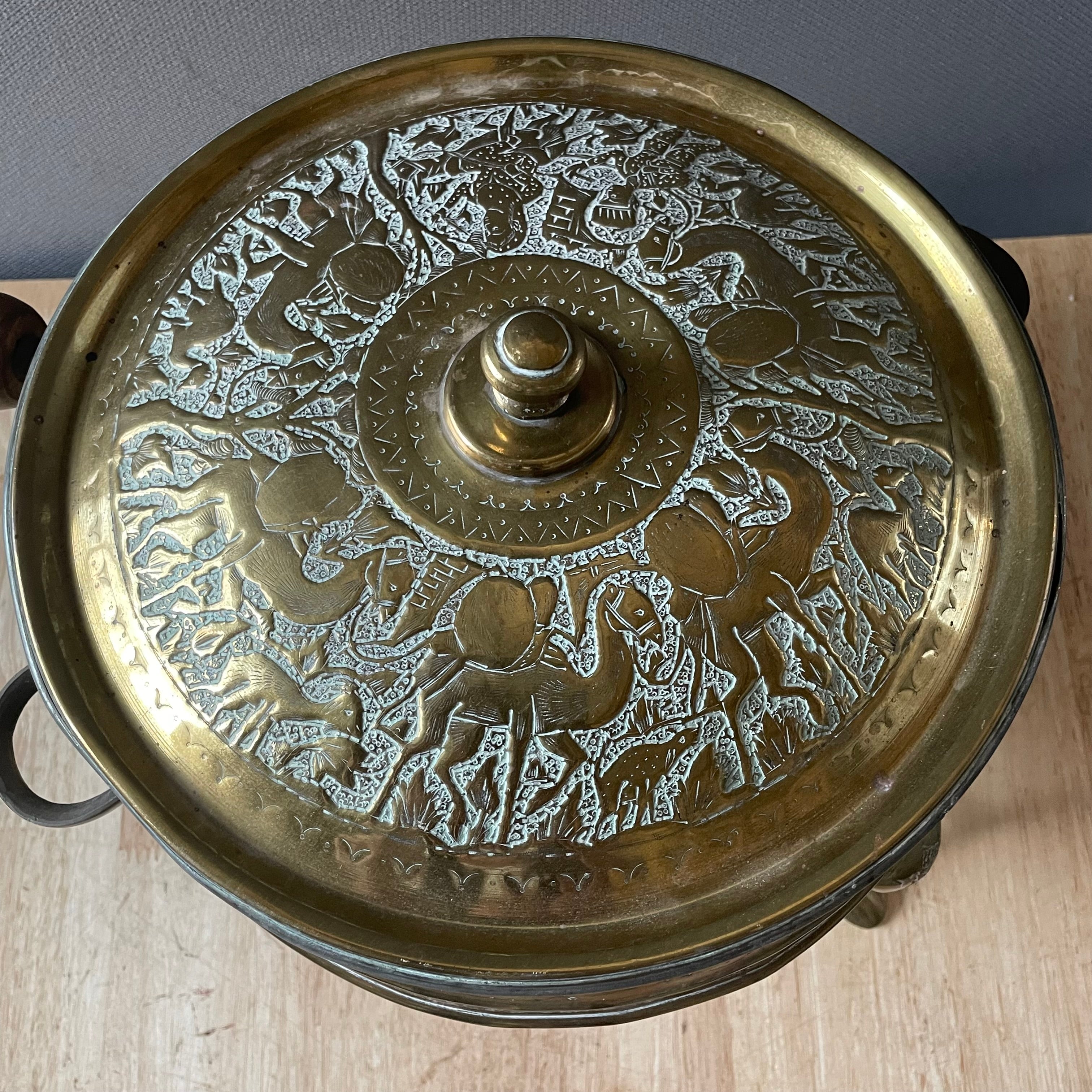 Vintage Persian 1950's Brass Embossed Camel Caravan Design Warming Dish, 15.5"x 9"