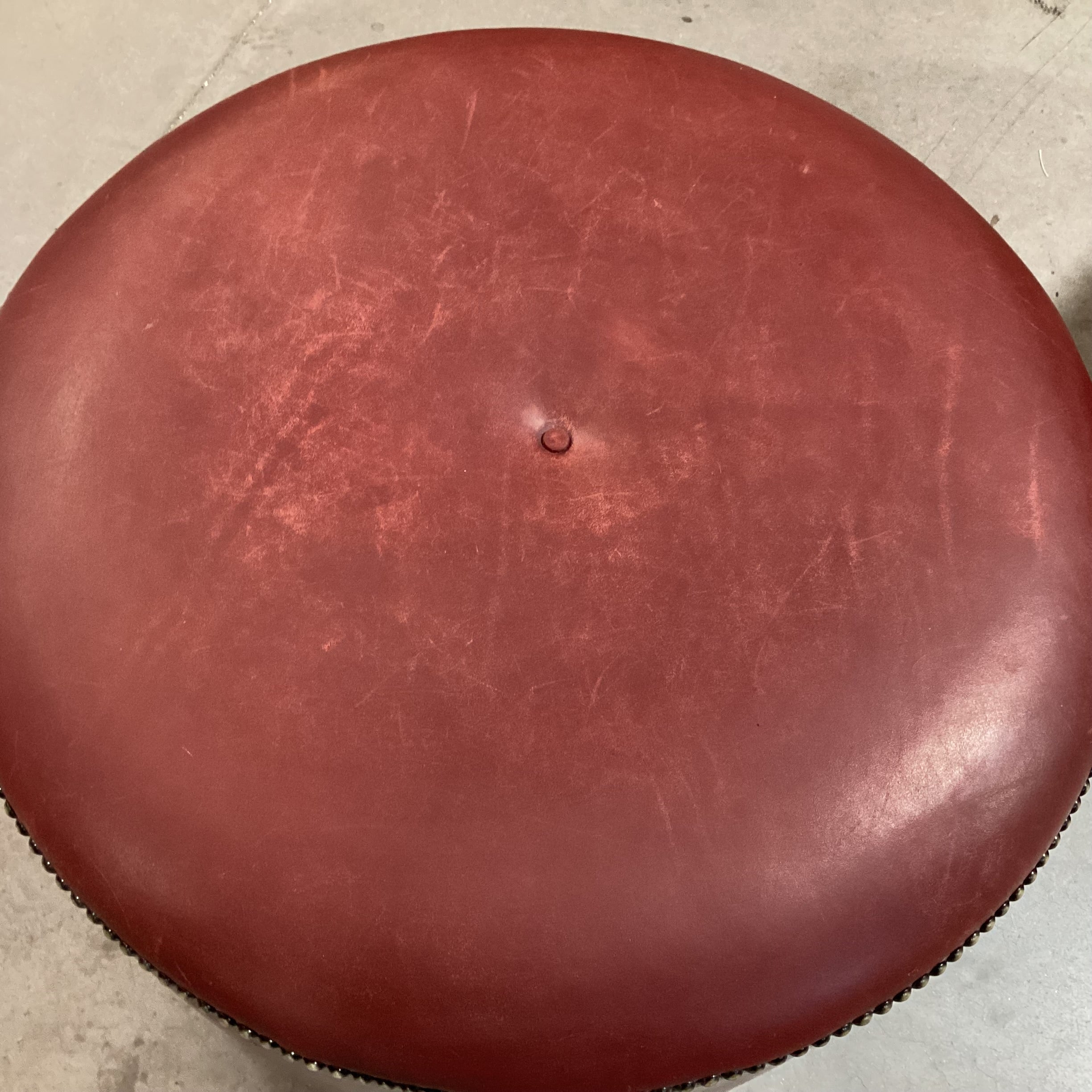 Stewart Furniture Design Red Tone Leather Nailhead Round Ottoman 27" Diameter x 16"