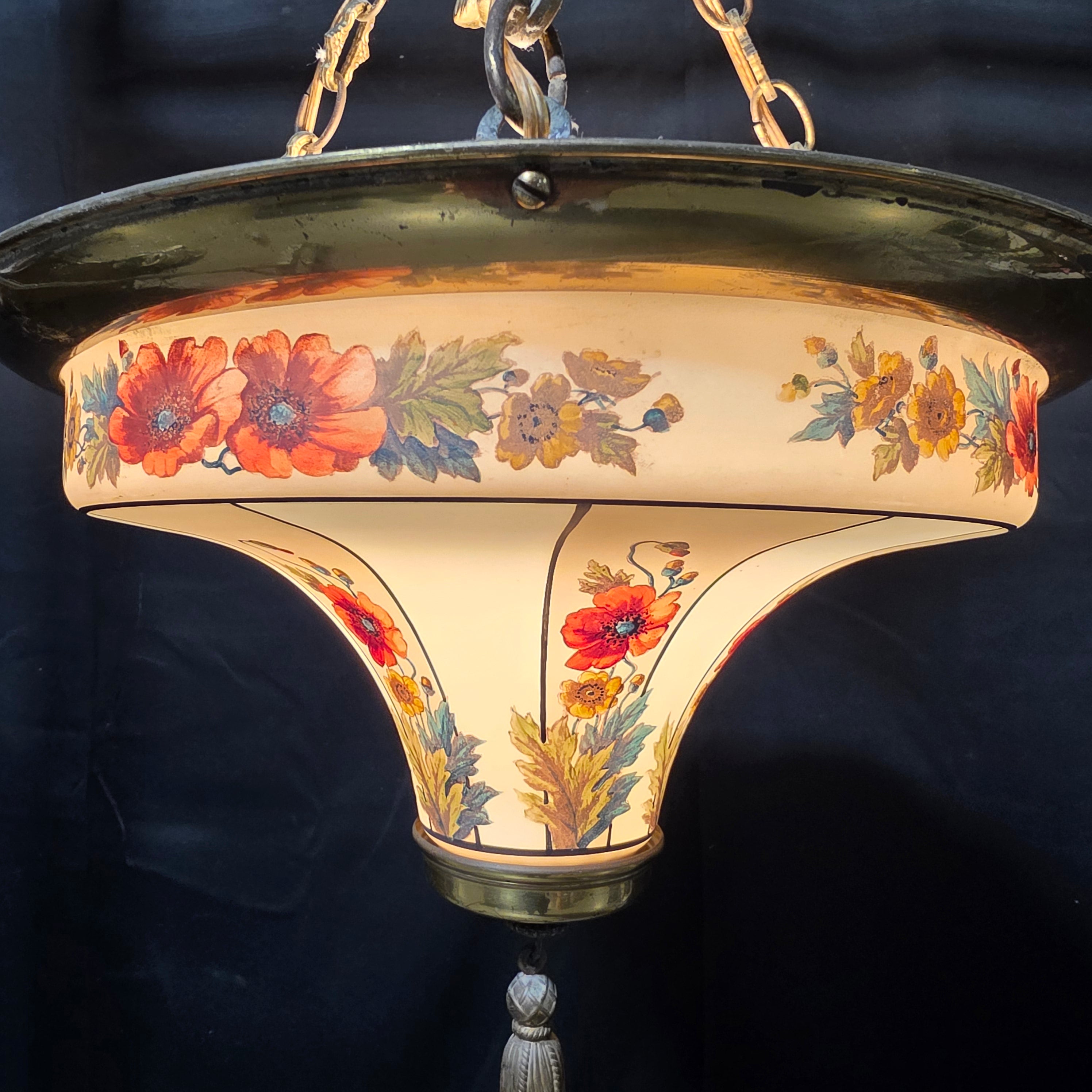 Circa 1940's Floral Chendelier with Brass TAssle Droppings from Middle and Ceiling Attachment 16"Dx26"