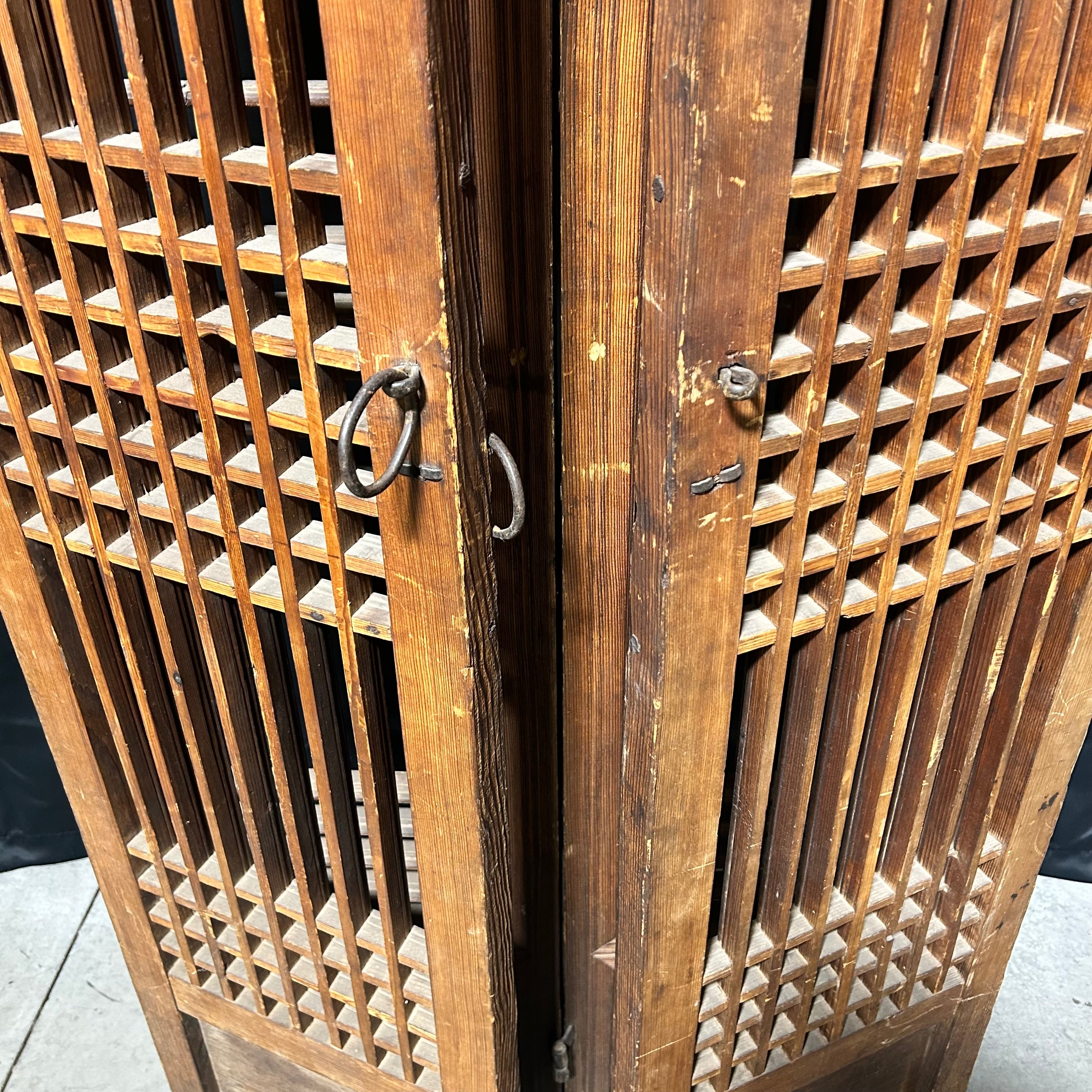 Oriental Antique Four-Panel Wooden Screen With Iron Hardware 62"x 64"