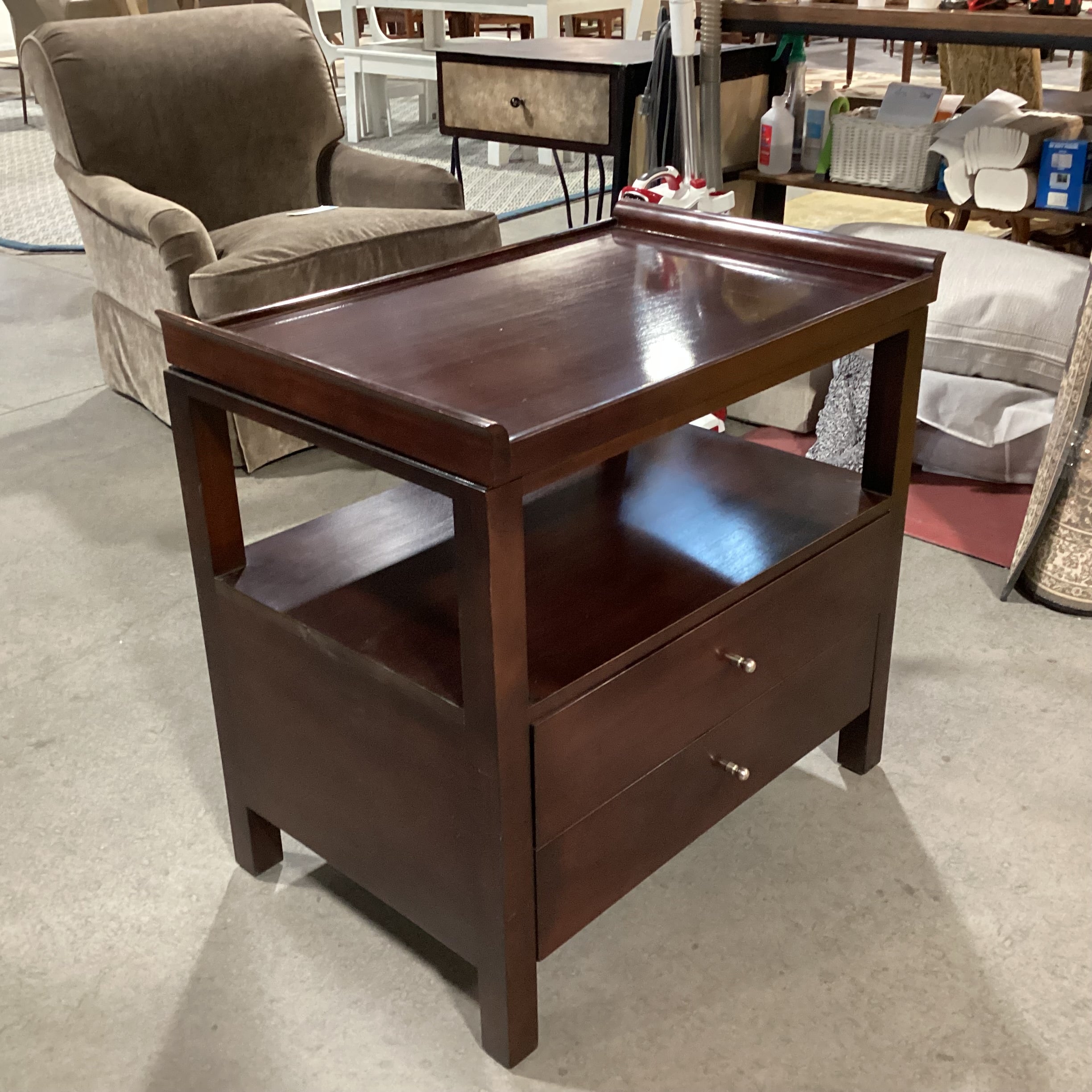 Baker Furniture Mahogany 2 Drawer with Open Shelf & Tray Top End Table 30.5"x 20"x 29.5"