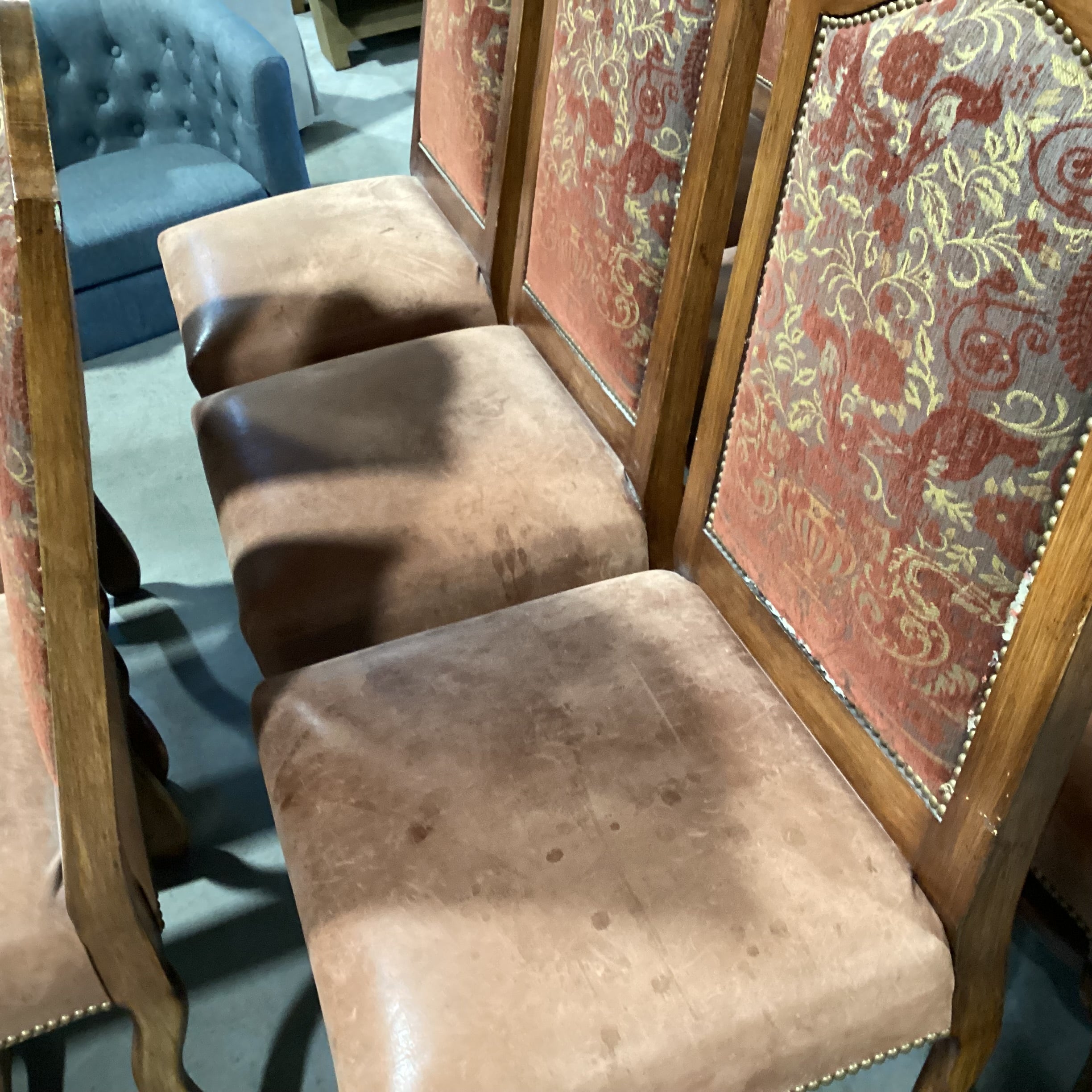 SET of 8 Gina B Custom Carved Wood Leather & Upholstery Nailhead Dining Chair 22"x 24"x 43"
