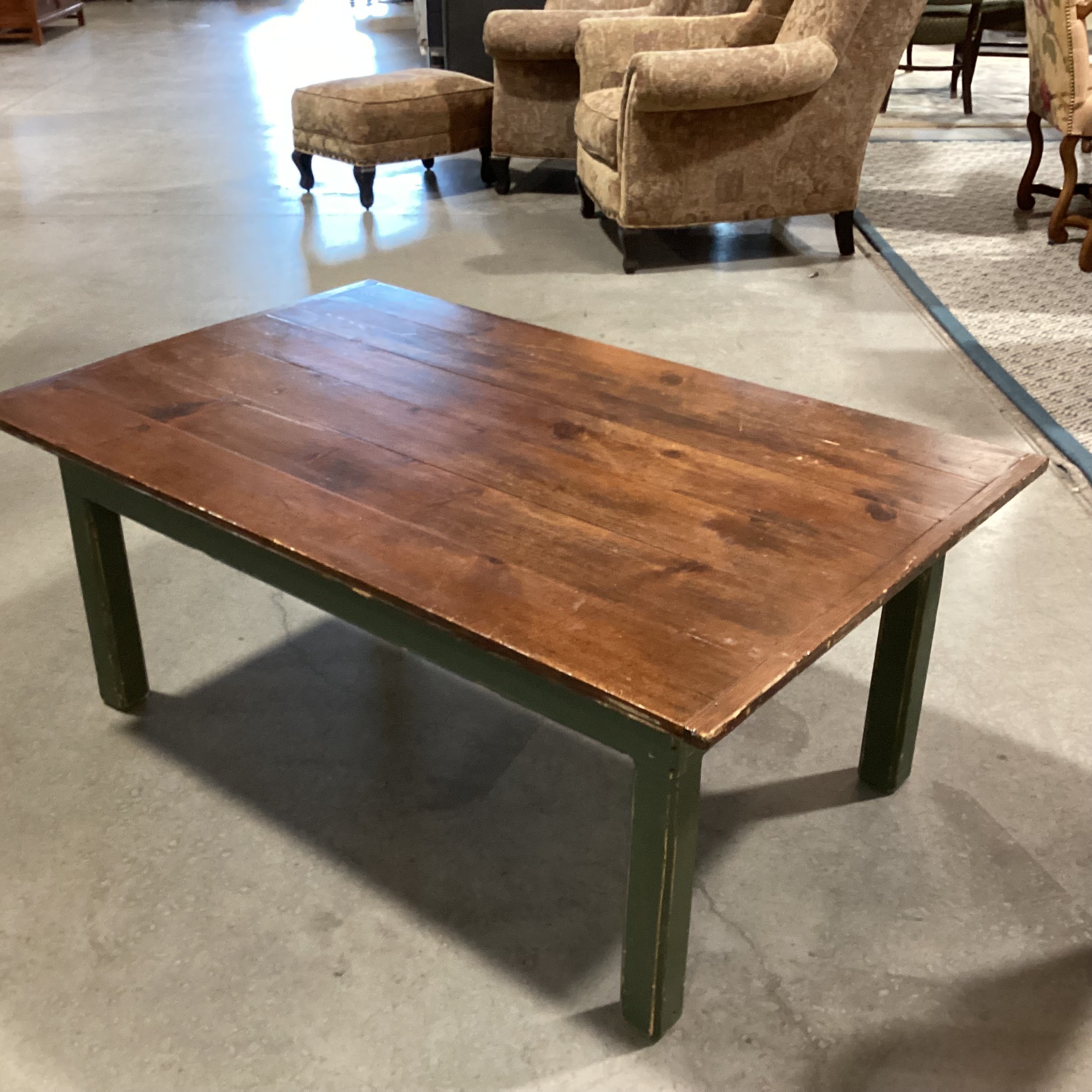 Distressed Finish Plank & Green Wood Coffee Table 48"x 30"x 20"