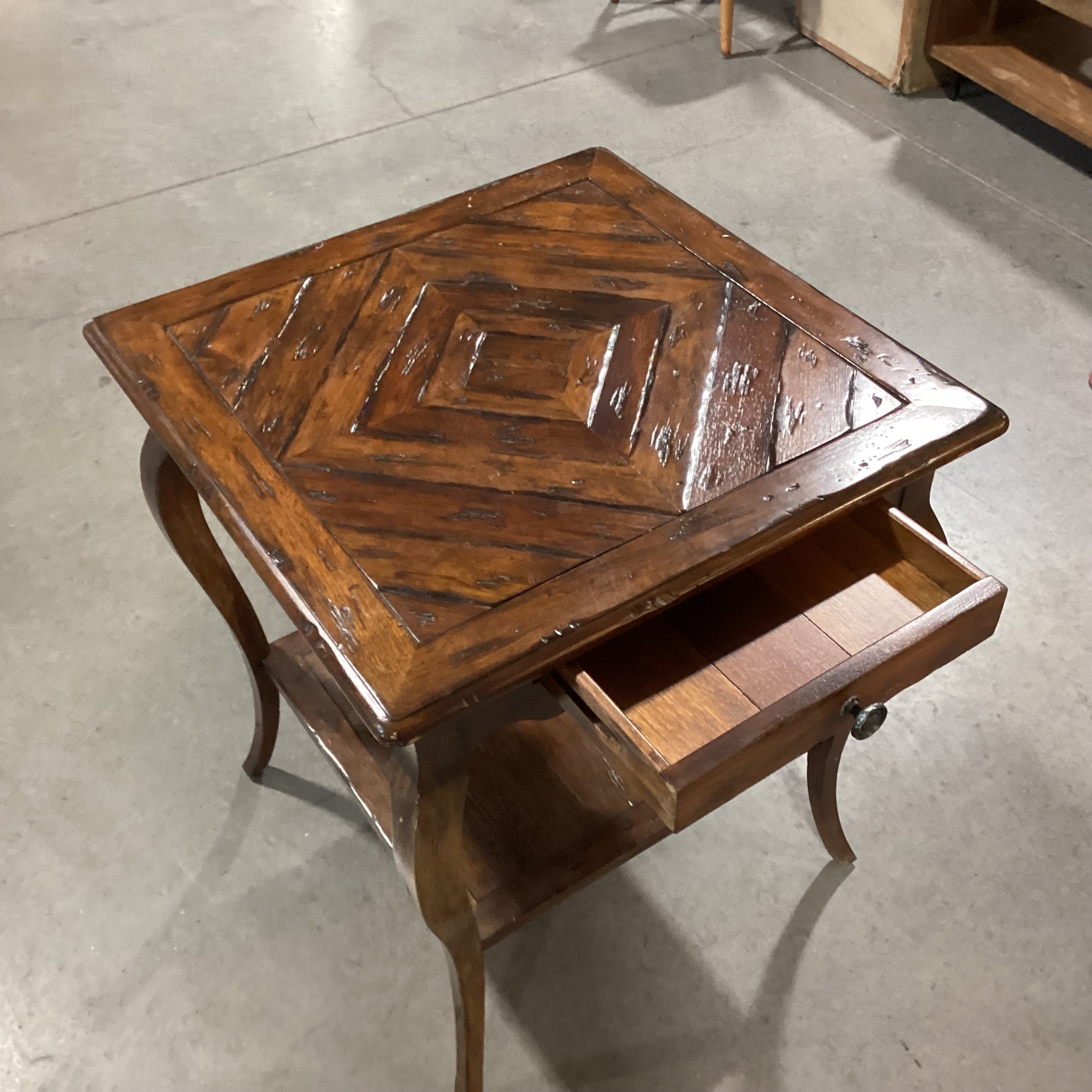 Finished Distressed Wood with Diamond Accent Top 1 Drawer End Table 24"x 24"x 27"