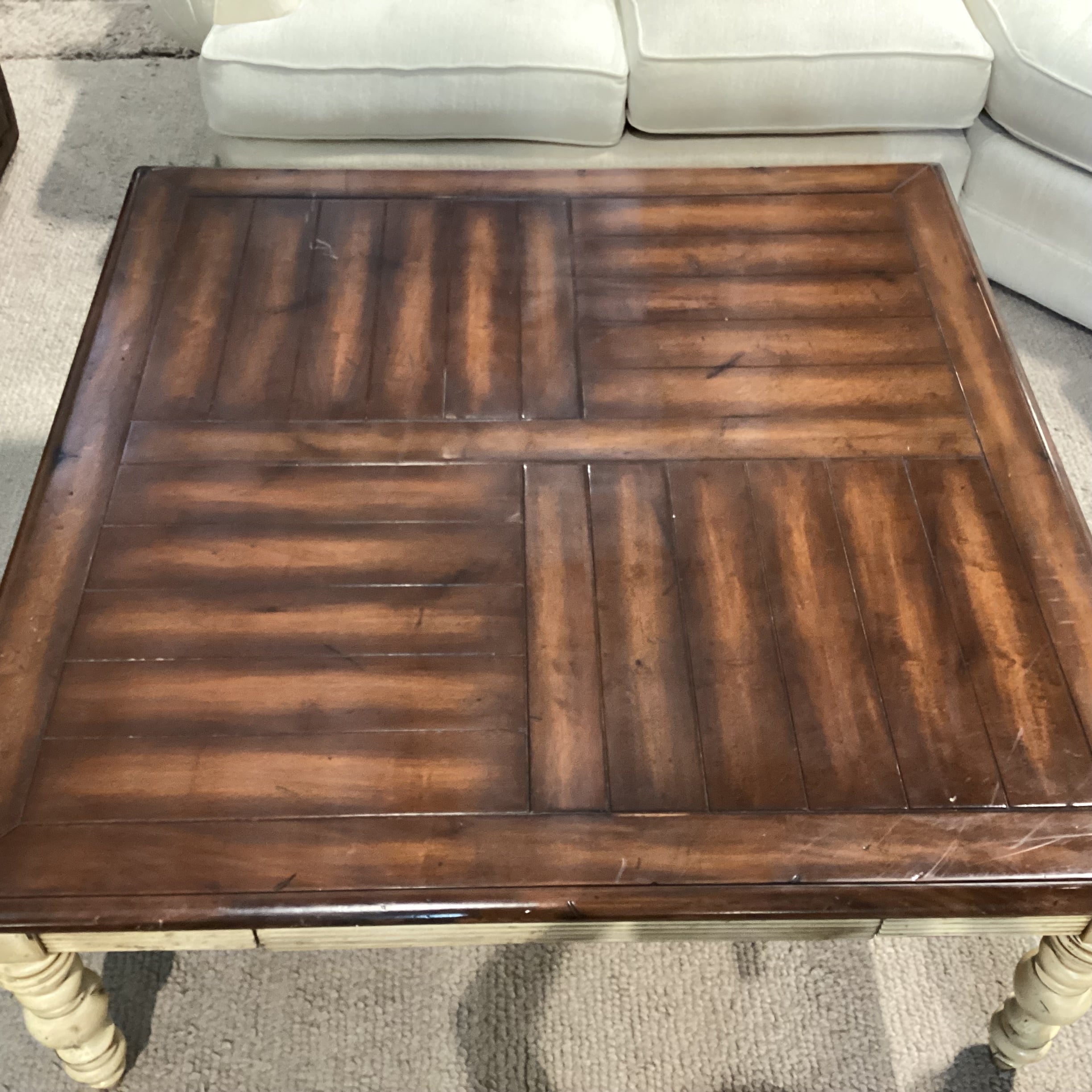 Antiqued Cream & Dark Finished Carved Wood 2 Drawer Coffee Table 48"x 48"x 21"