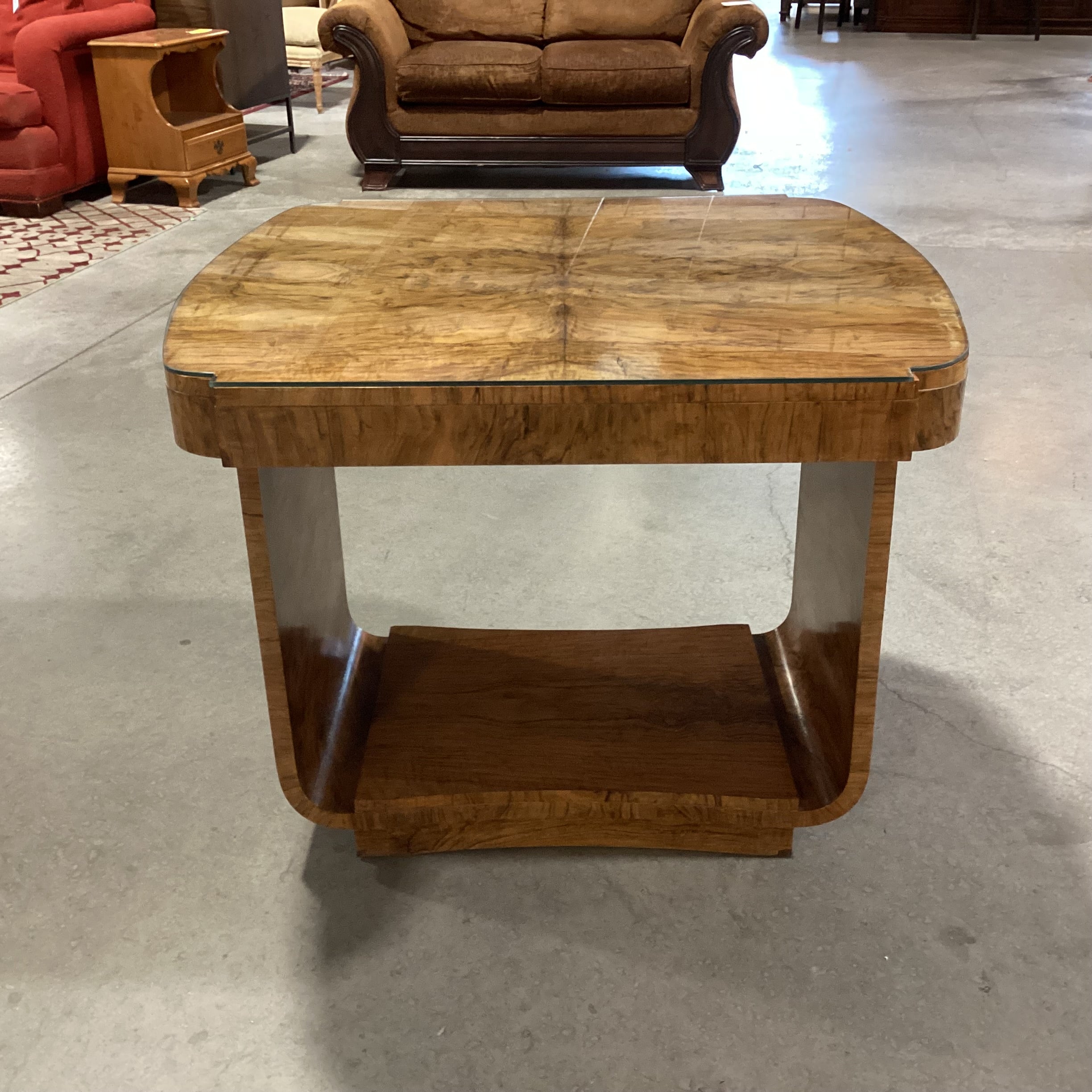 Vintage Art Deco Style Burl Maple Book Matched with Glass Top Accent Table 36"x 33"x 29.5"