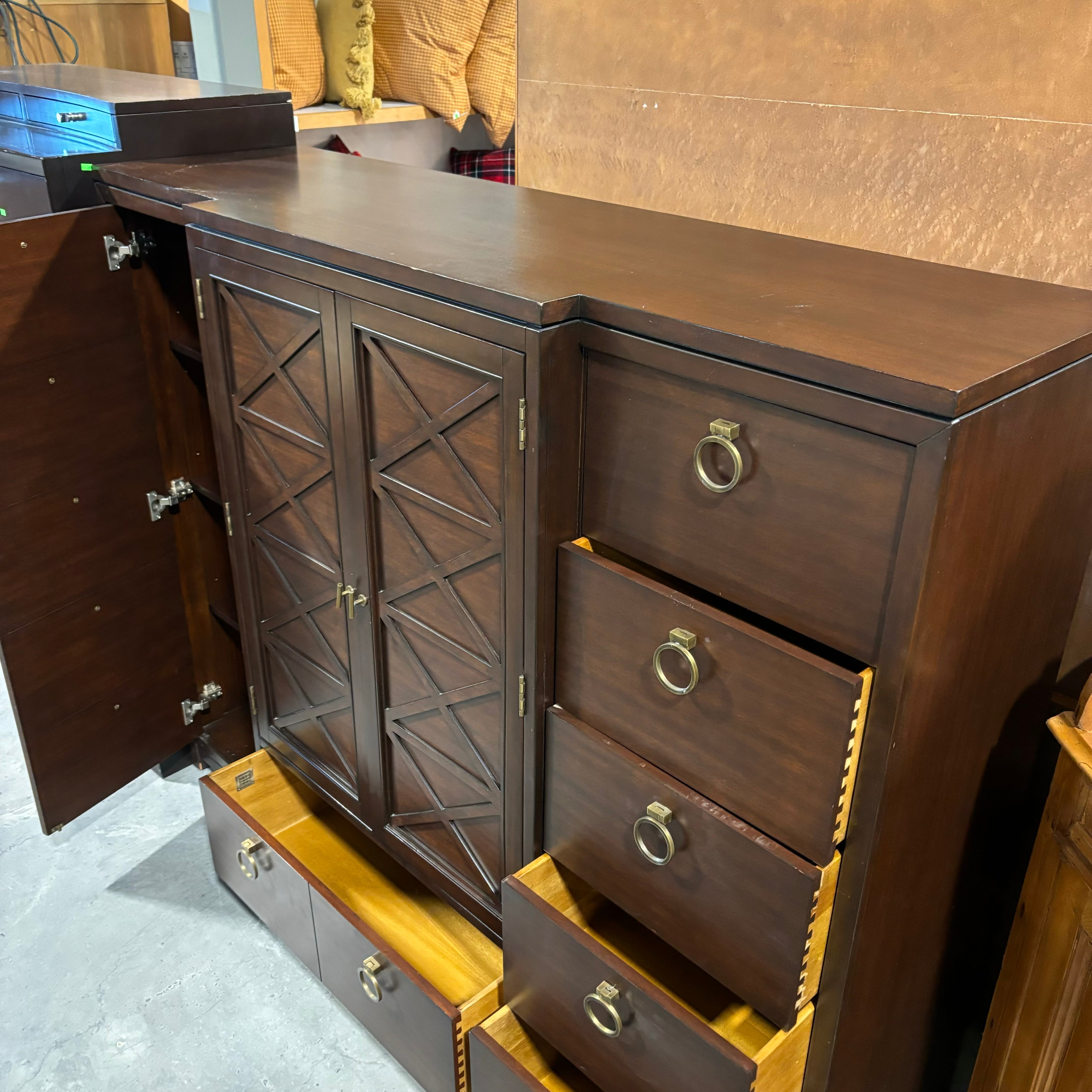 Designed by Michael Weiss for Vanguard Solid Dark Finish Wood 6 Drawer 3 Door with Brass Pulls Wardrobe Dresser 70"x 21"x 56"