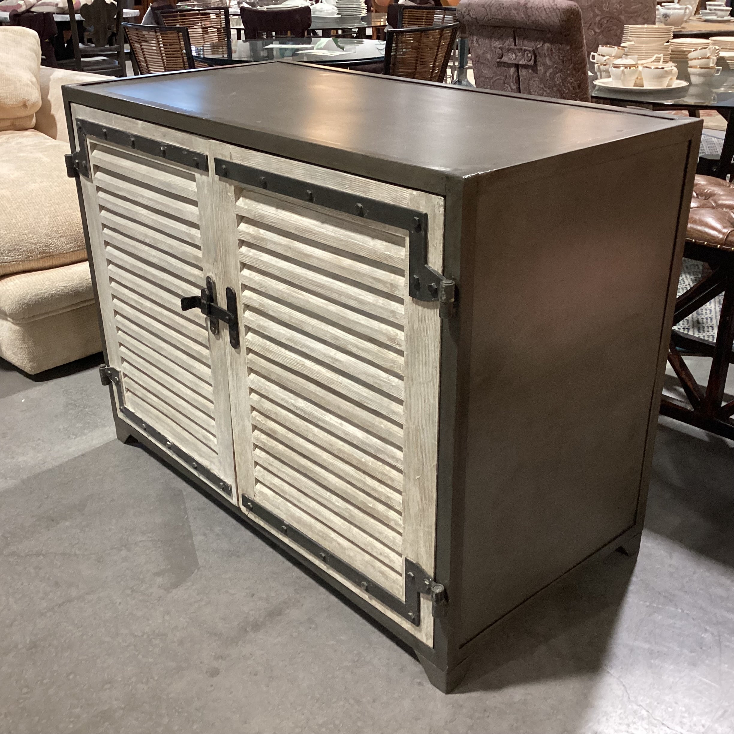 Arteriors Paris Industrial Iron & Washed Oak Shutter Doors Cabinet Console 48"x 24"x 36" l