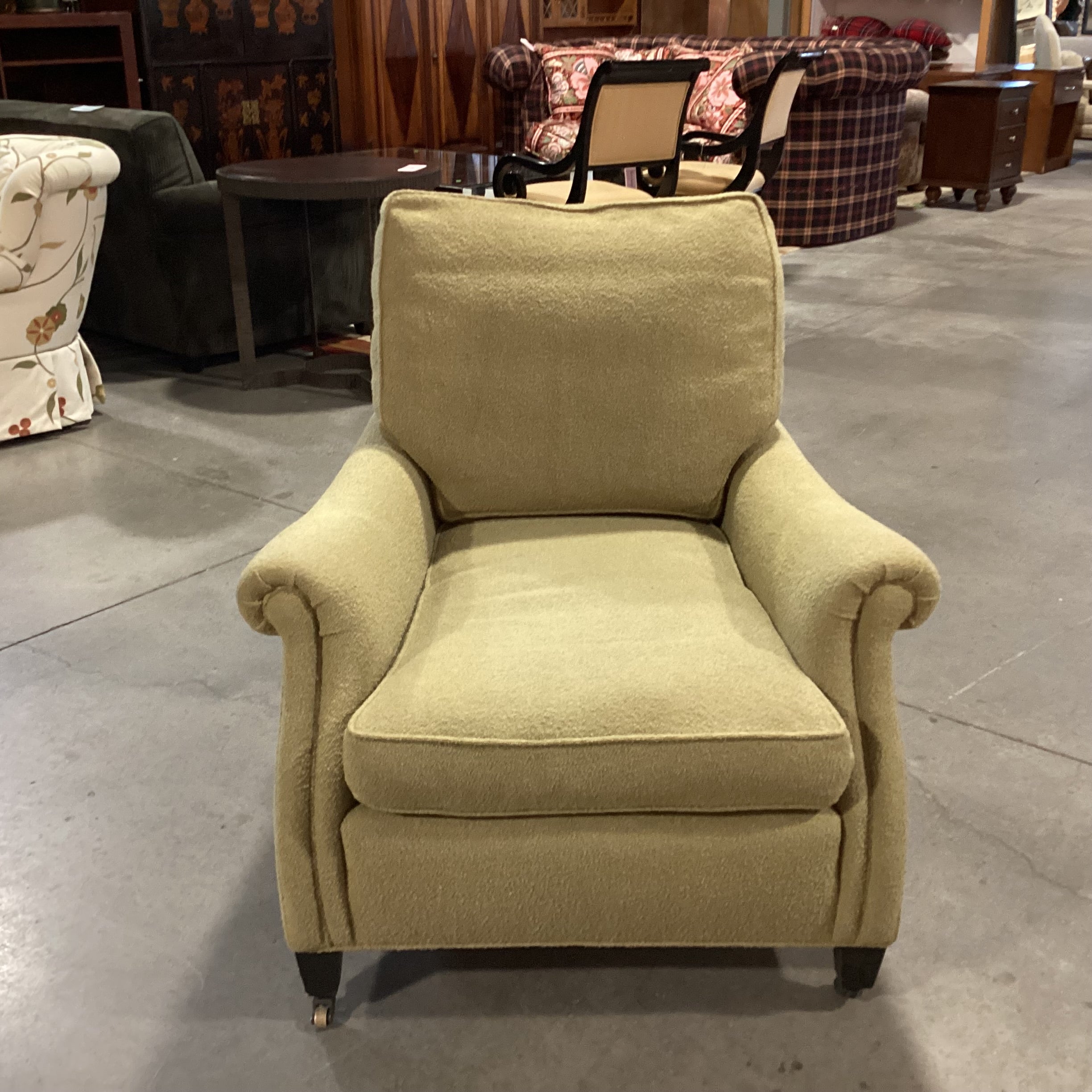 Reed Green Boucle Down Mix on Casters Chair 33"x 40"x 27"