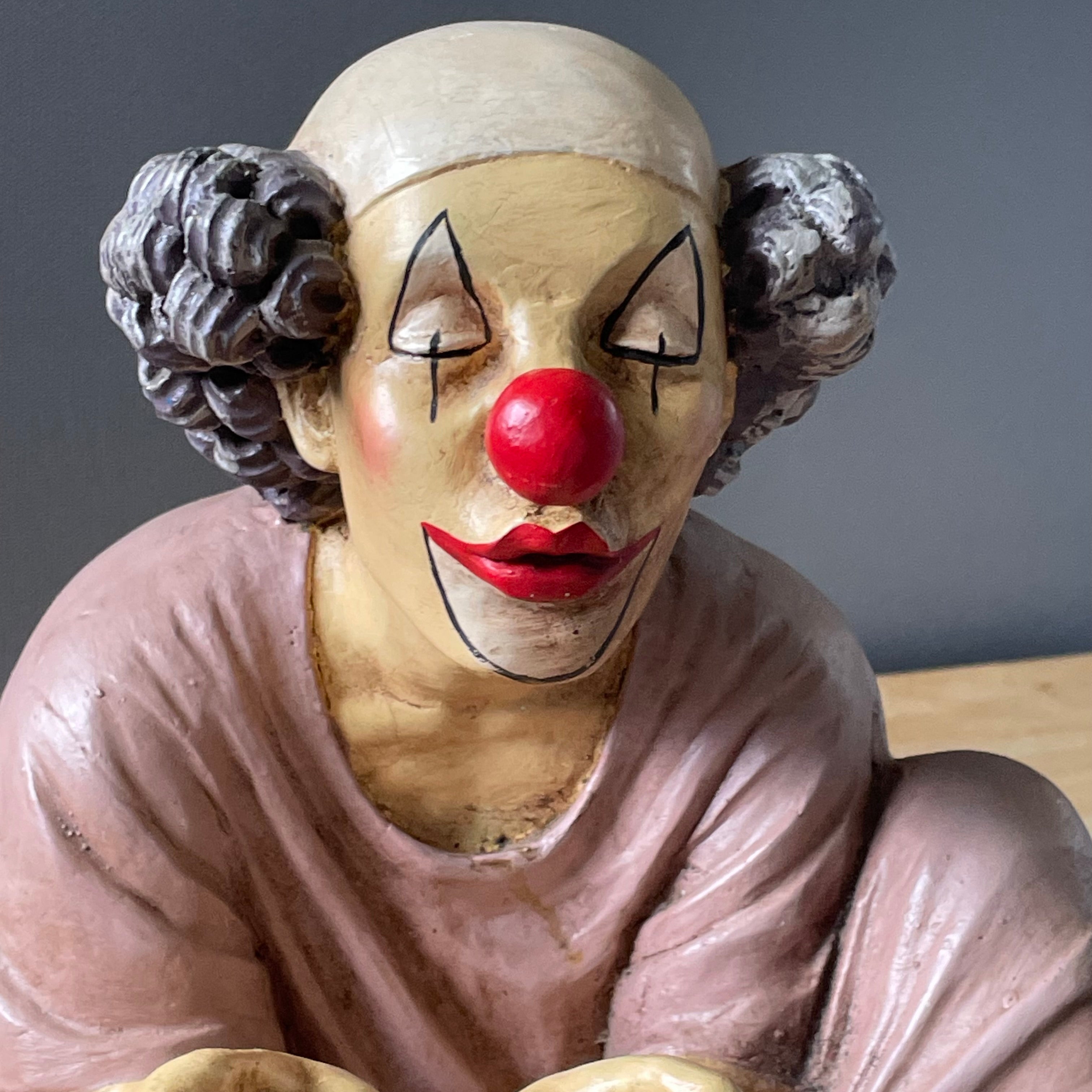 Vintage Jum Asilo Polyresin Begging Clown Shelf Sitter Sculpture Signed by Asilo