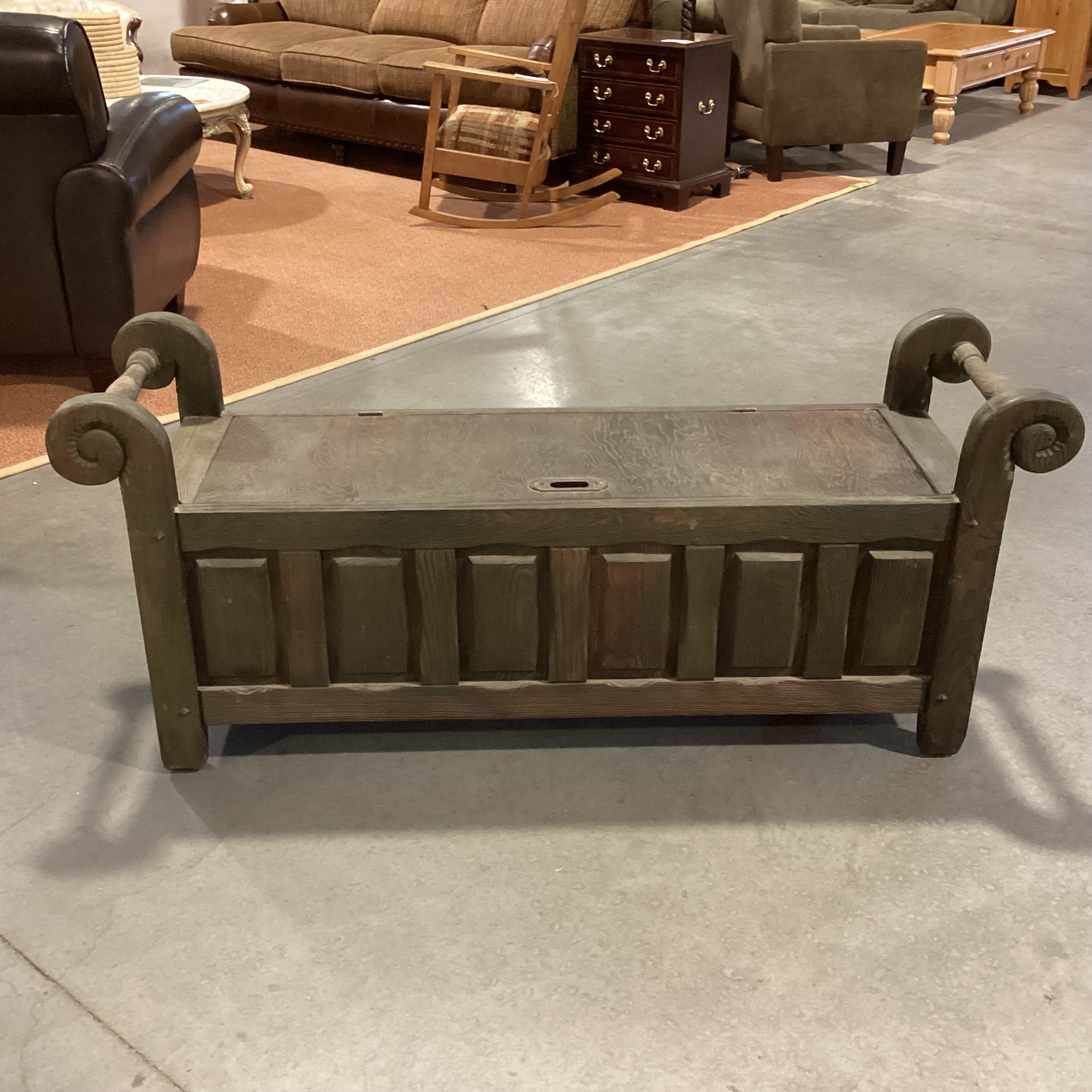 Vintage Green Washed Carved Oak & Gold Crushed Velvet Cushion Storage Bench 56"x 16.5"x 24"