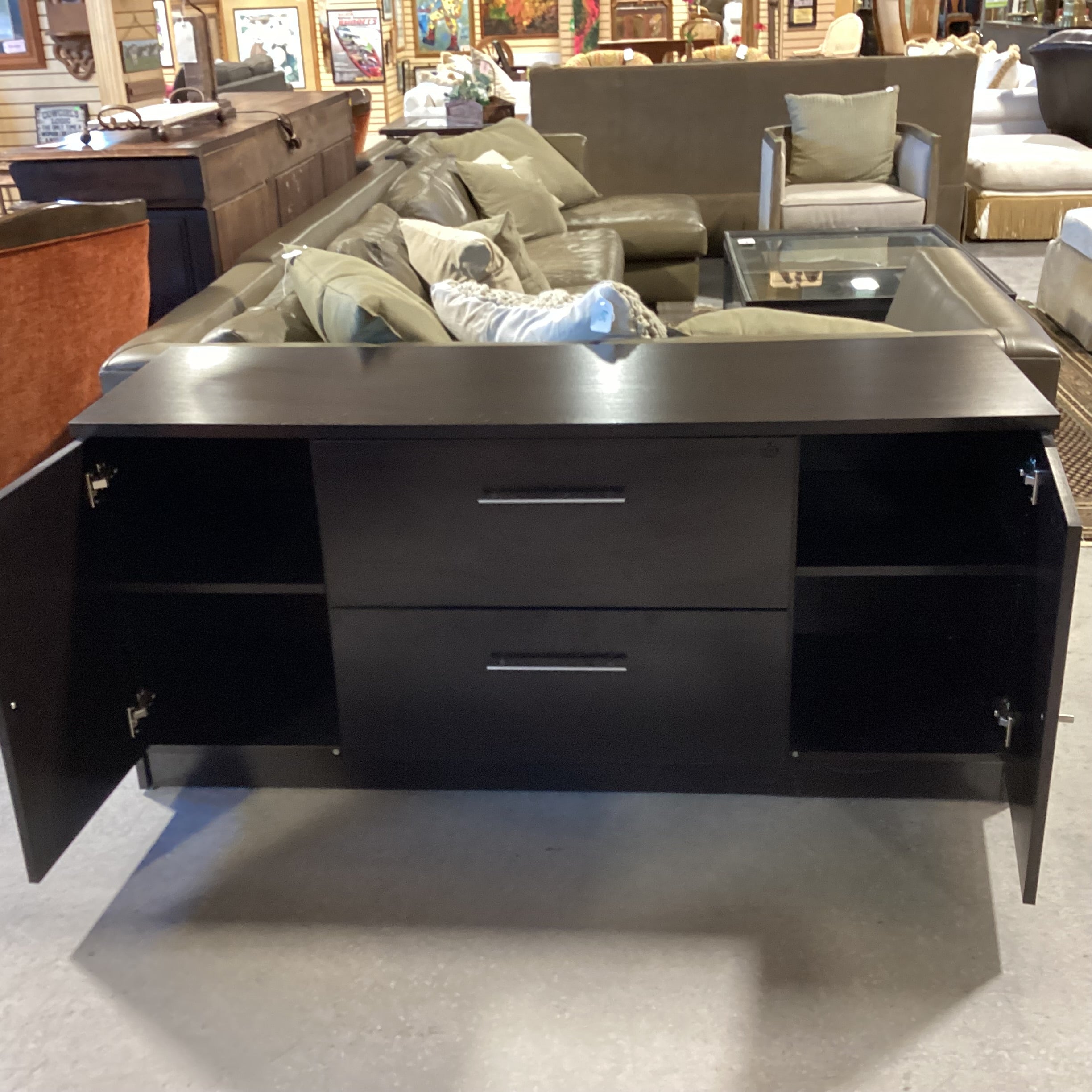 Dark Finish Wood Style Veneer 2 Door 2 Drawer Credenza 63"x 20"x 29"