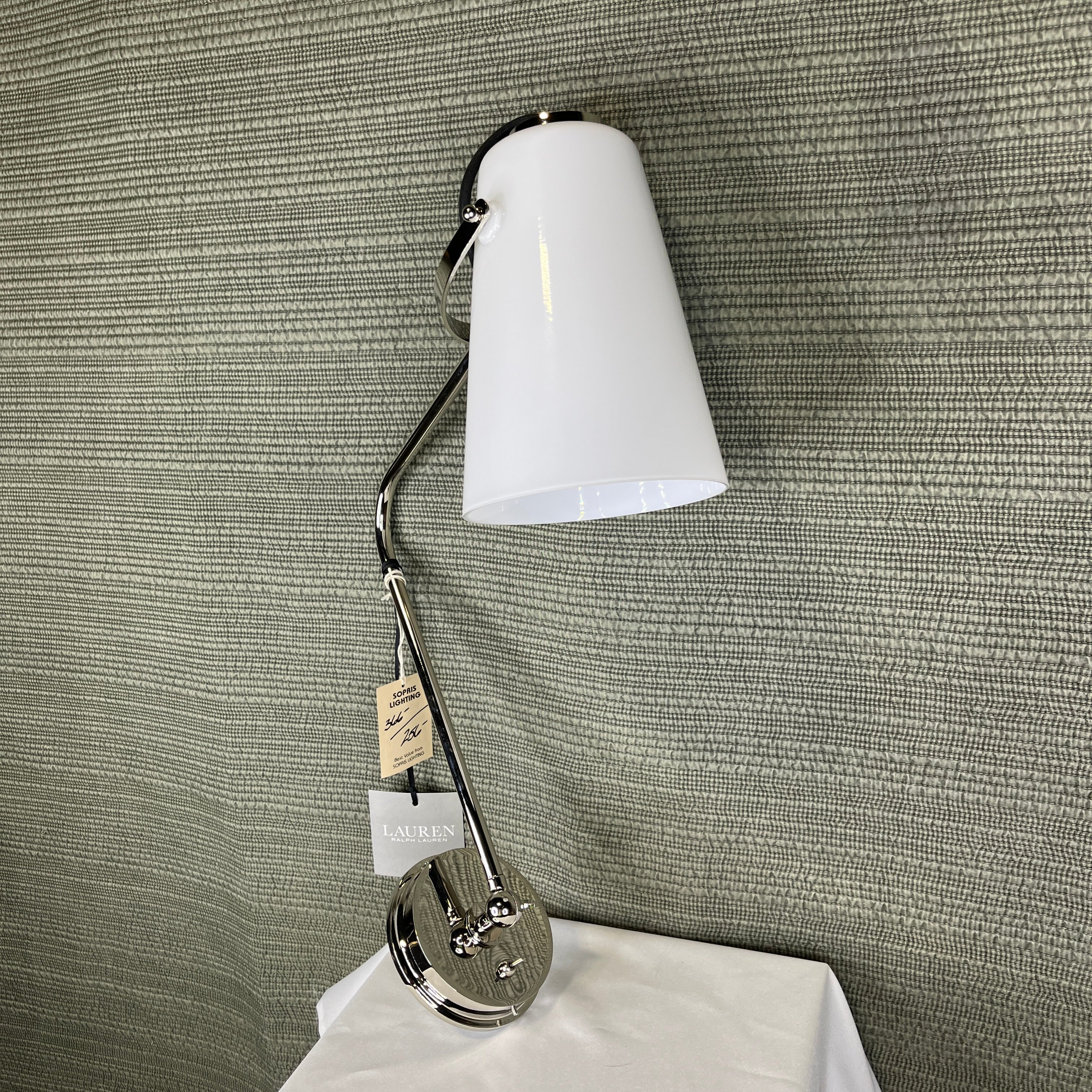 Visual Comfort X Ralph Lauren Hazel 1-Light Polished Nickel with Milk Glass Cone Shade Task Wall Sconce 6”x 18”x 18”