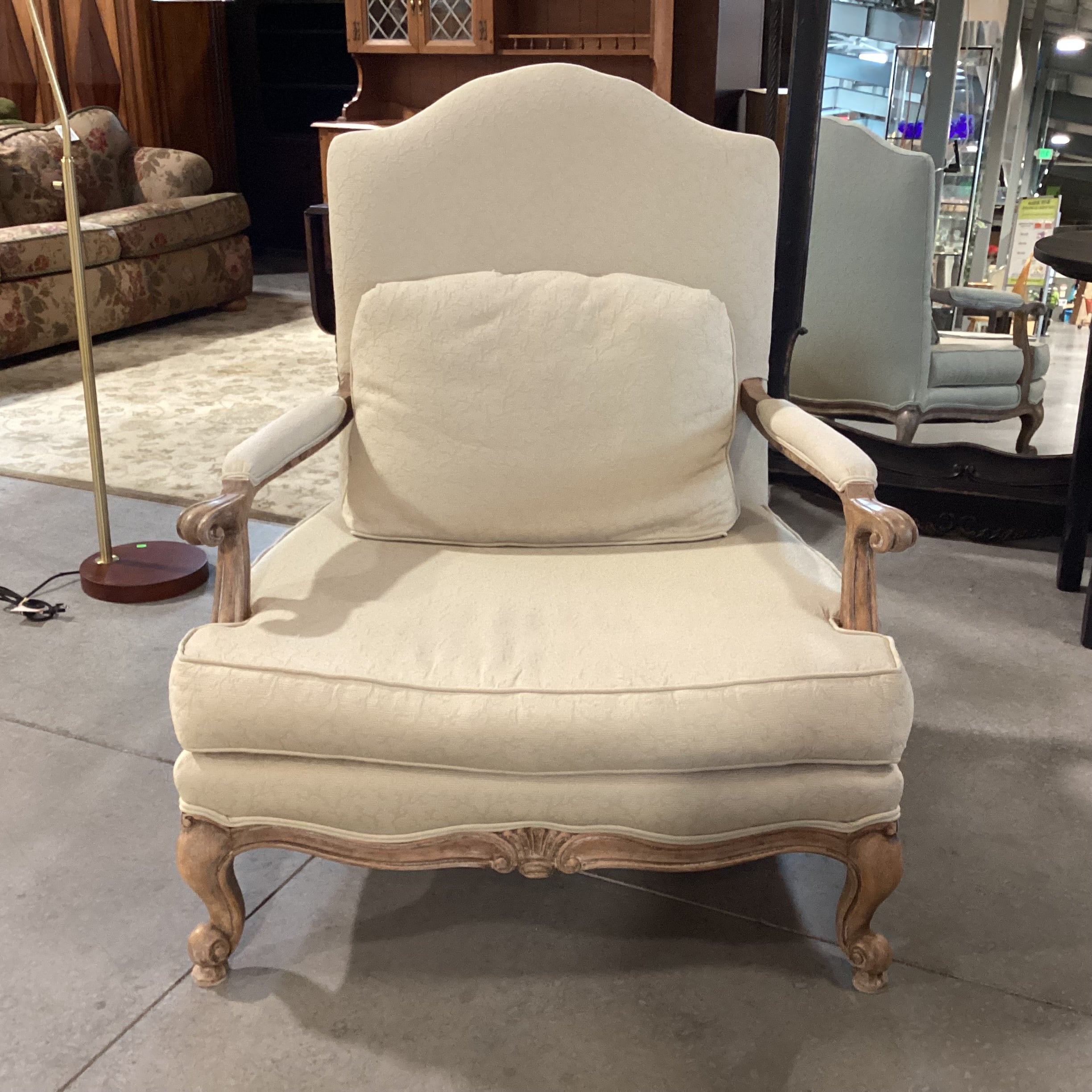 French Provincial Style Carved Antiqued Washed Wood & Wheat Raised Texture with Ottoman Chair 36"x 38"x 42"