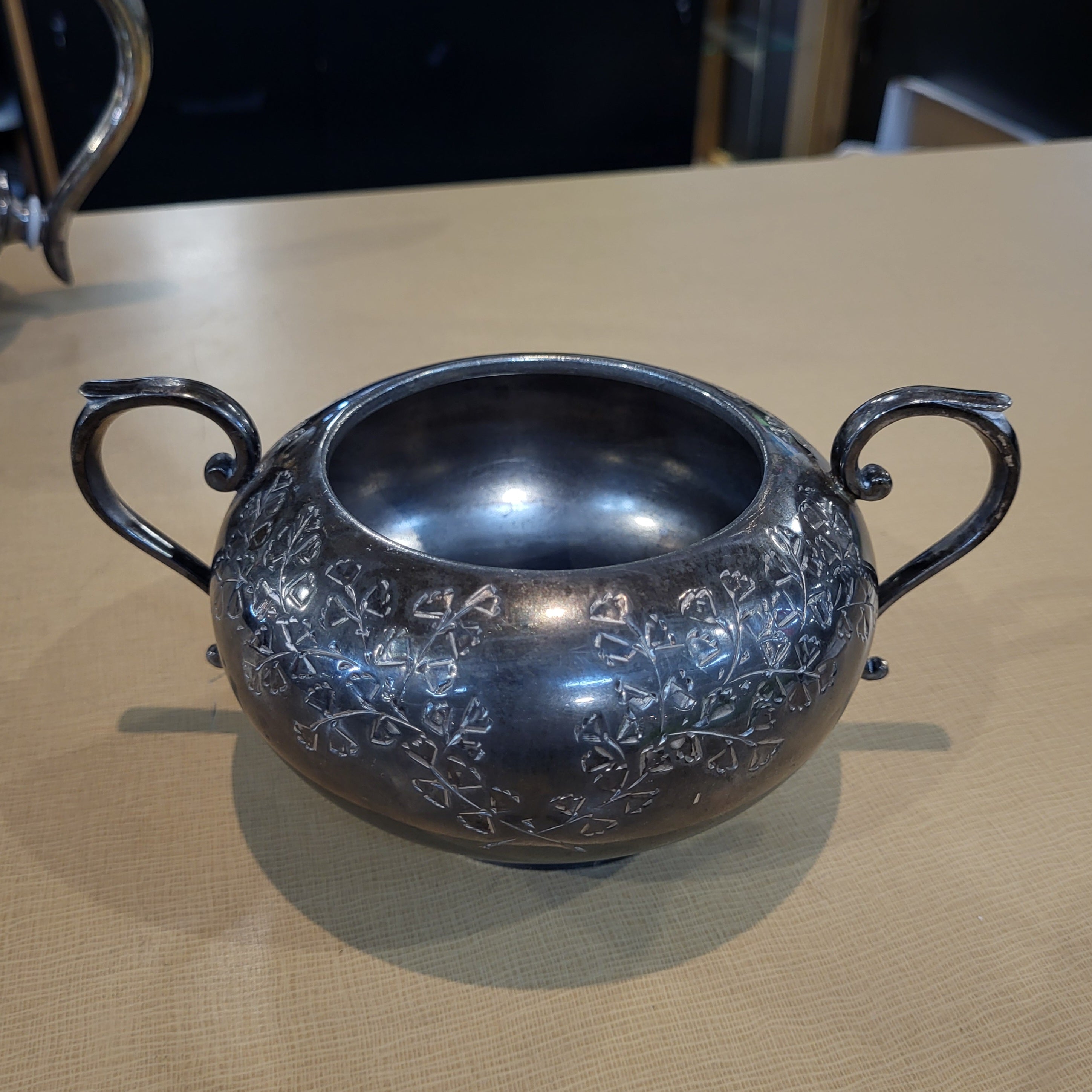 Set of 3 Pcs. Antique British Silverplated Etched Clovers Tea Set