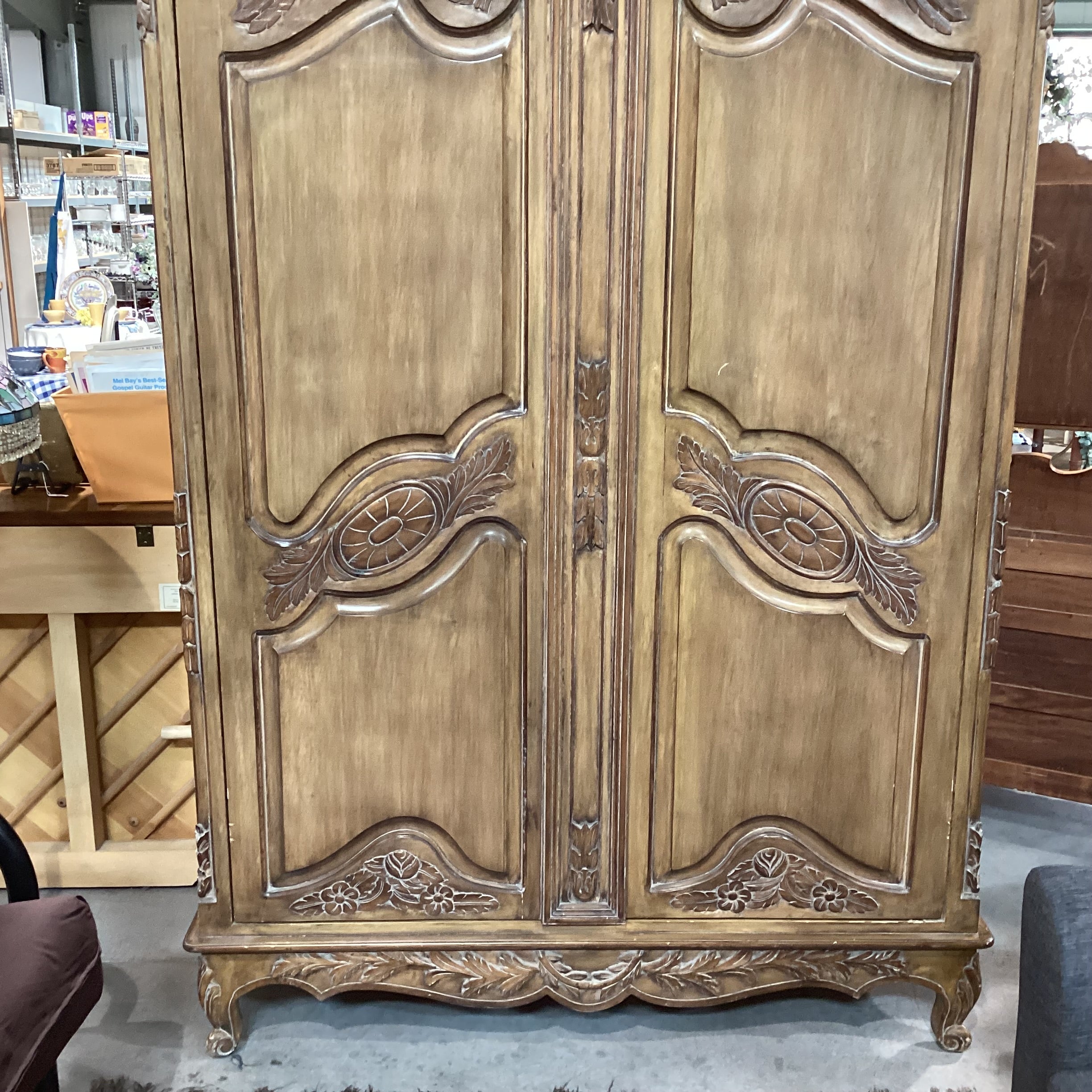 French Provincial Carved Wood with Light Washed Finish 2 Door 3 Drawer Armoire 60"x 26"x 93"