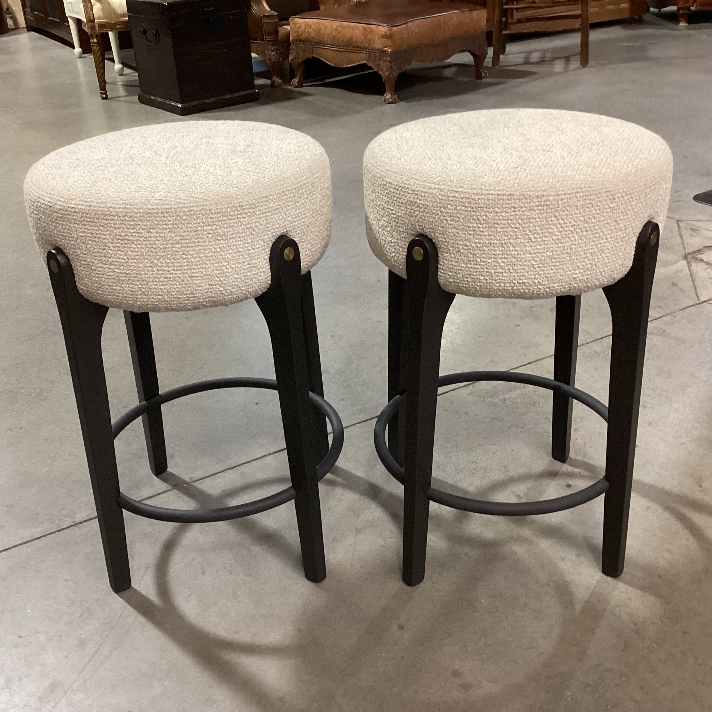 SET of 2 Arhaus Bottoni Italian BoucleDark Finish Wood & Metal with Brass Accent Bar Stools 24"
