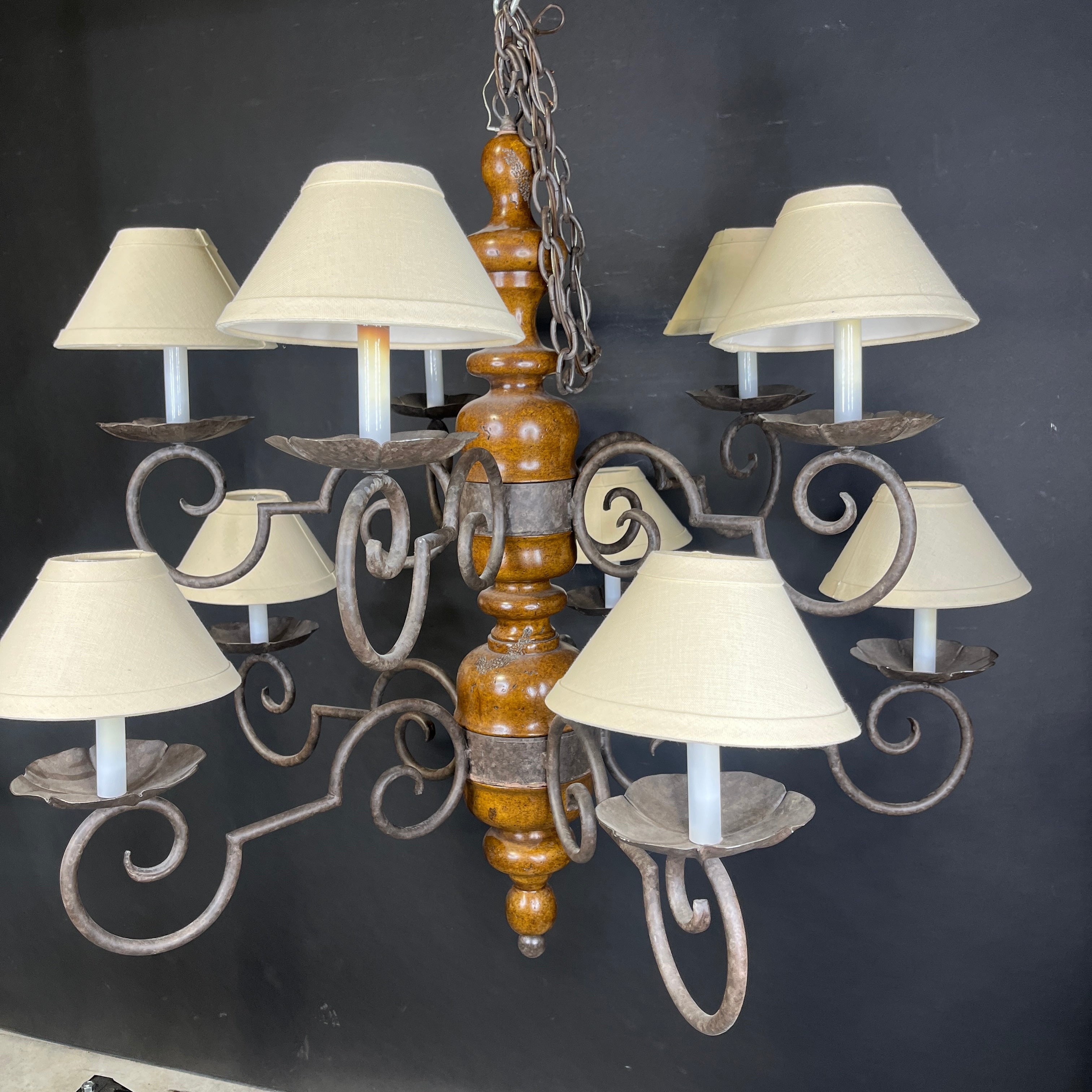 Vintage Romantic Tiered 10-Light Medium Finish Wood and Bronze Metal Arms with Shades Chandelier 40”x 35” - 54”