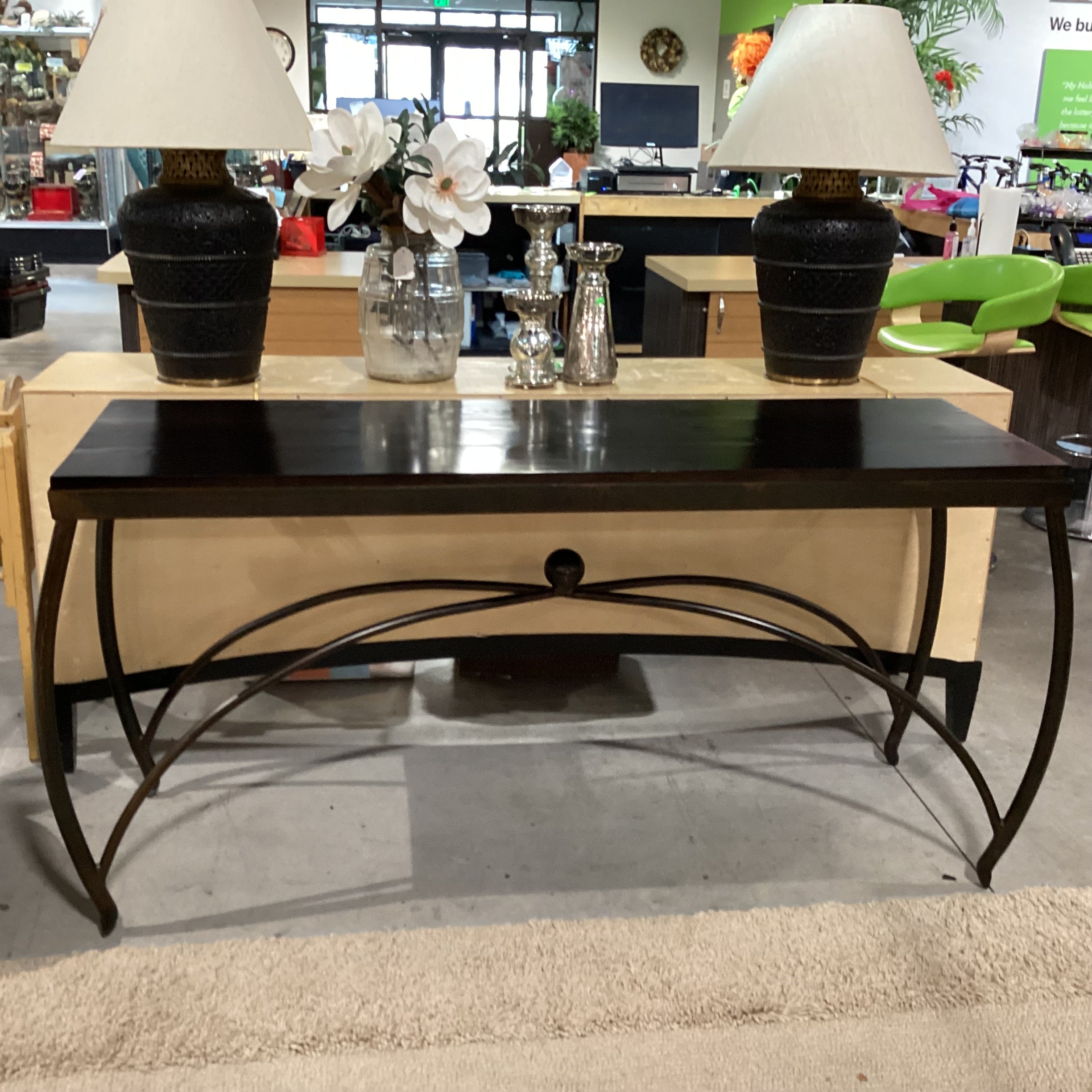 Dark Finished Wood & Iron Stretchers Trestle Accent Table 73"x 23"x 34.5"