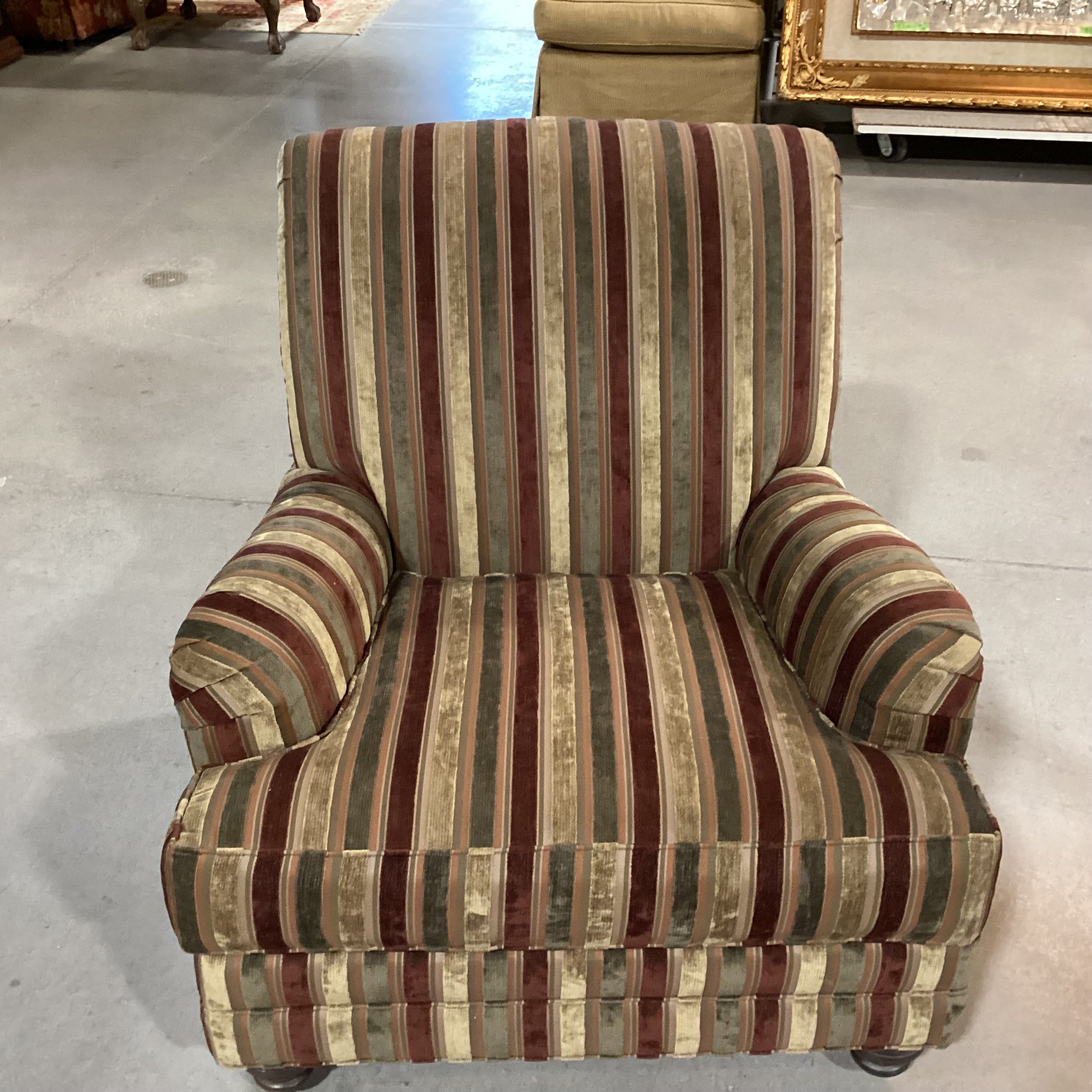 Ethan Allen Gold Rust Olive Upholstered Striped Arm Chair 34"x 35.5"x 36"