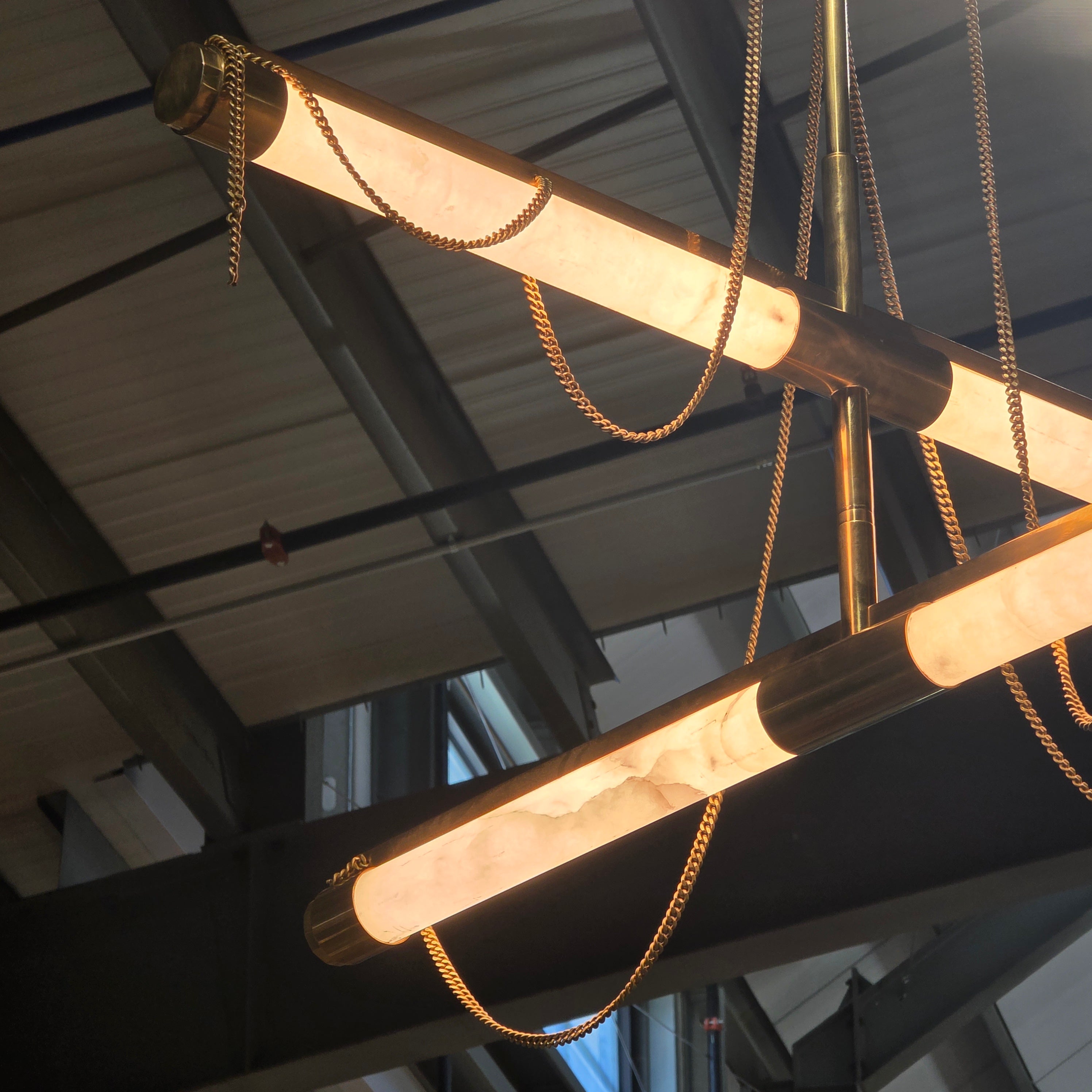 BRAND NEW Lariat Liner by Corbett Lighting with Gold, Gold Chains and Alabaster Stone Two Light Chandelier 48"x69"
